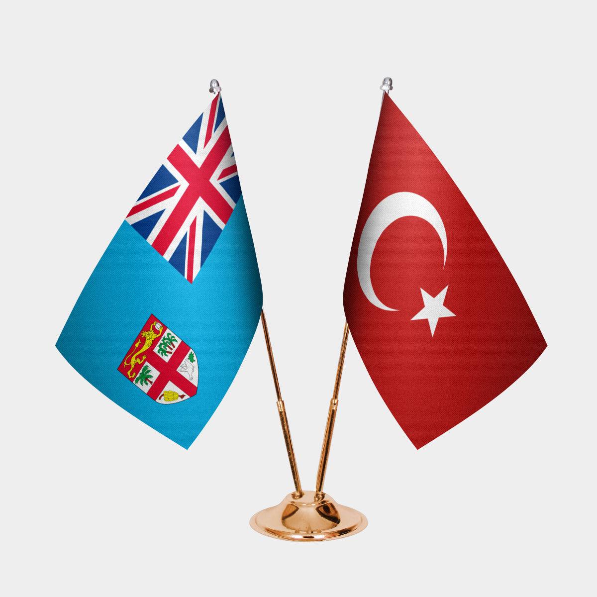 Fiji and Turkey desk flag set with gold pole and base