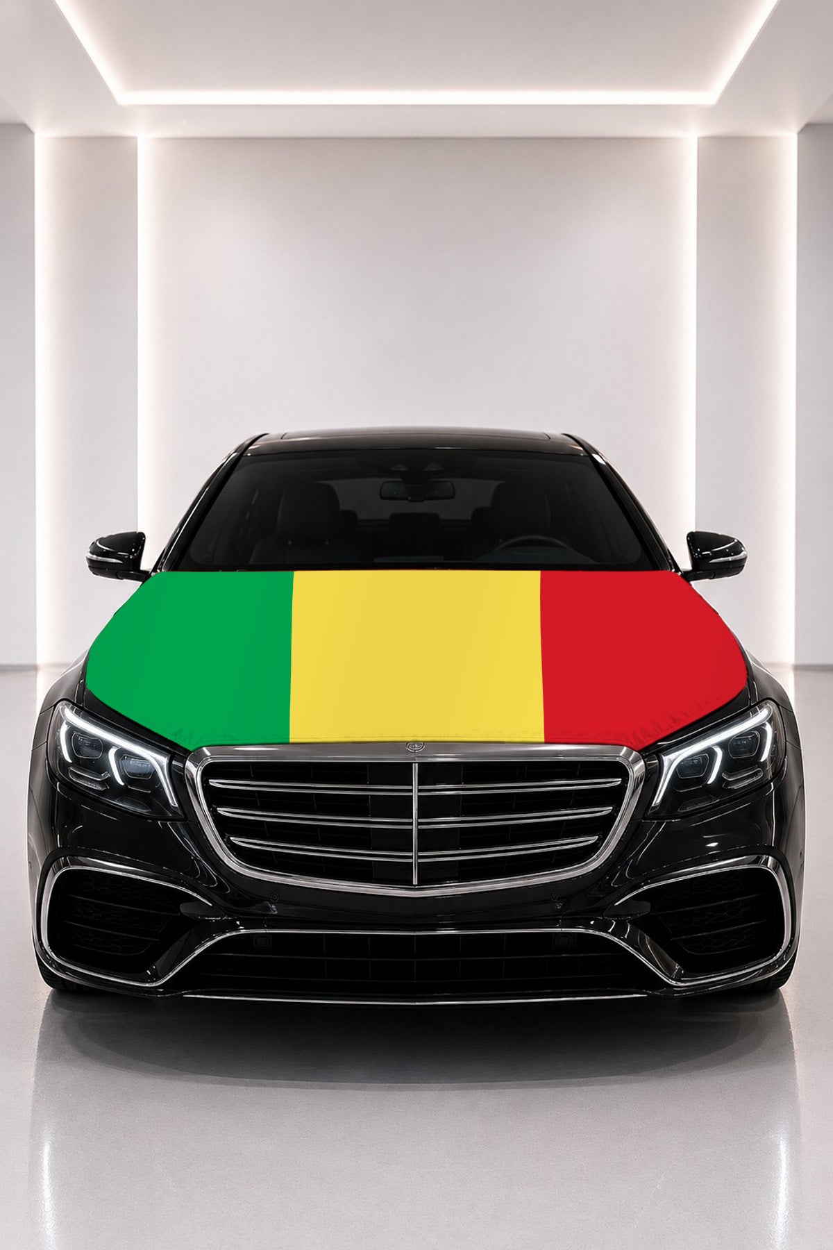 Mali flag car hood cover fitted on a black car bonnet