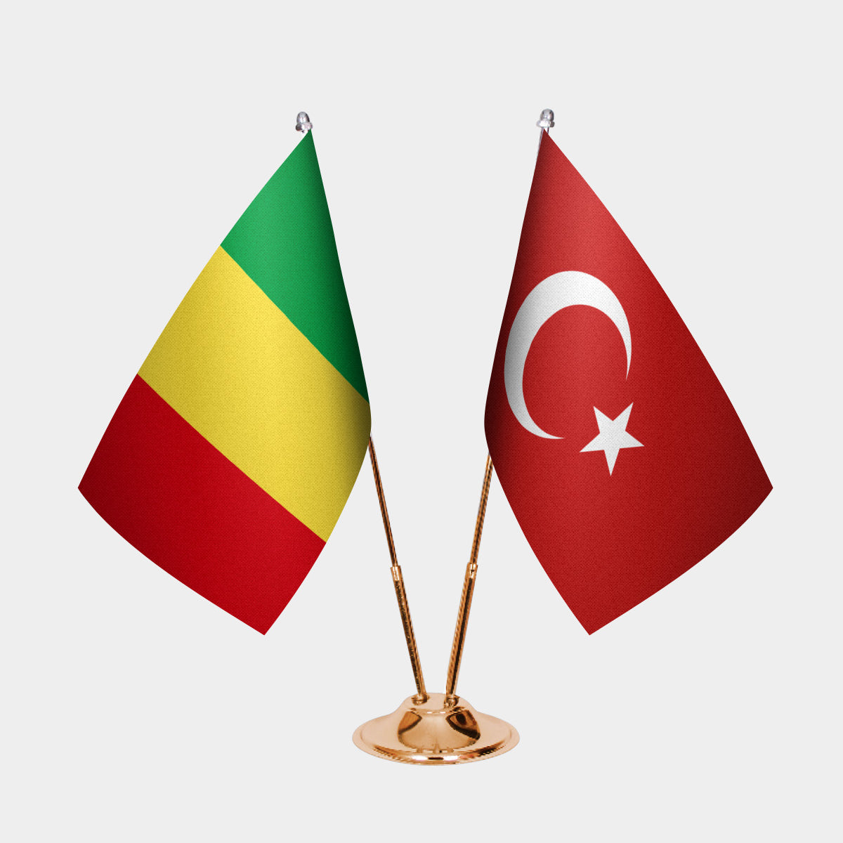 Mali and Türkiye dual desk flag set with gold pedestal, satin office table flag