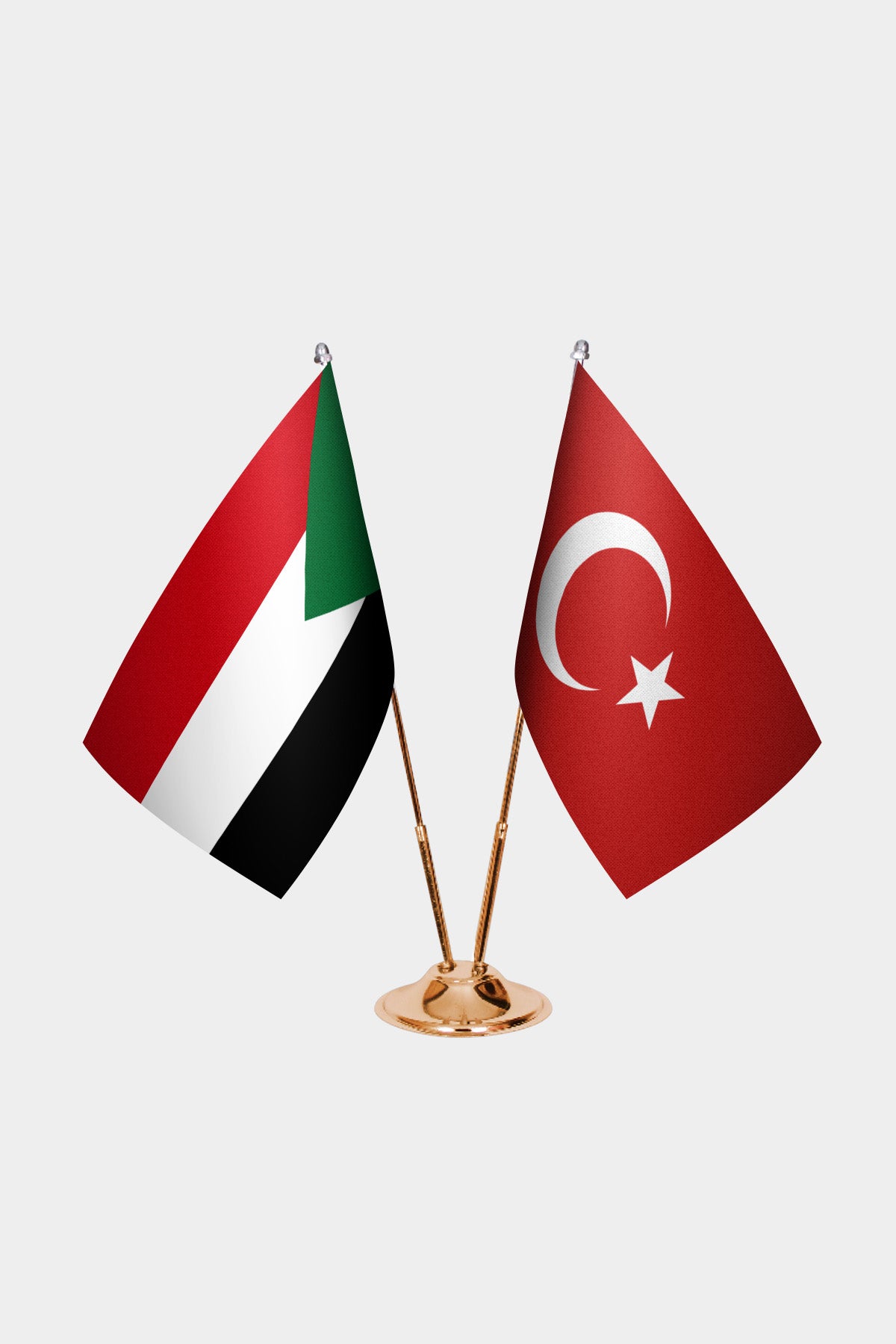 Sudan and Turkey desk flag set with gold pole and base