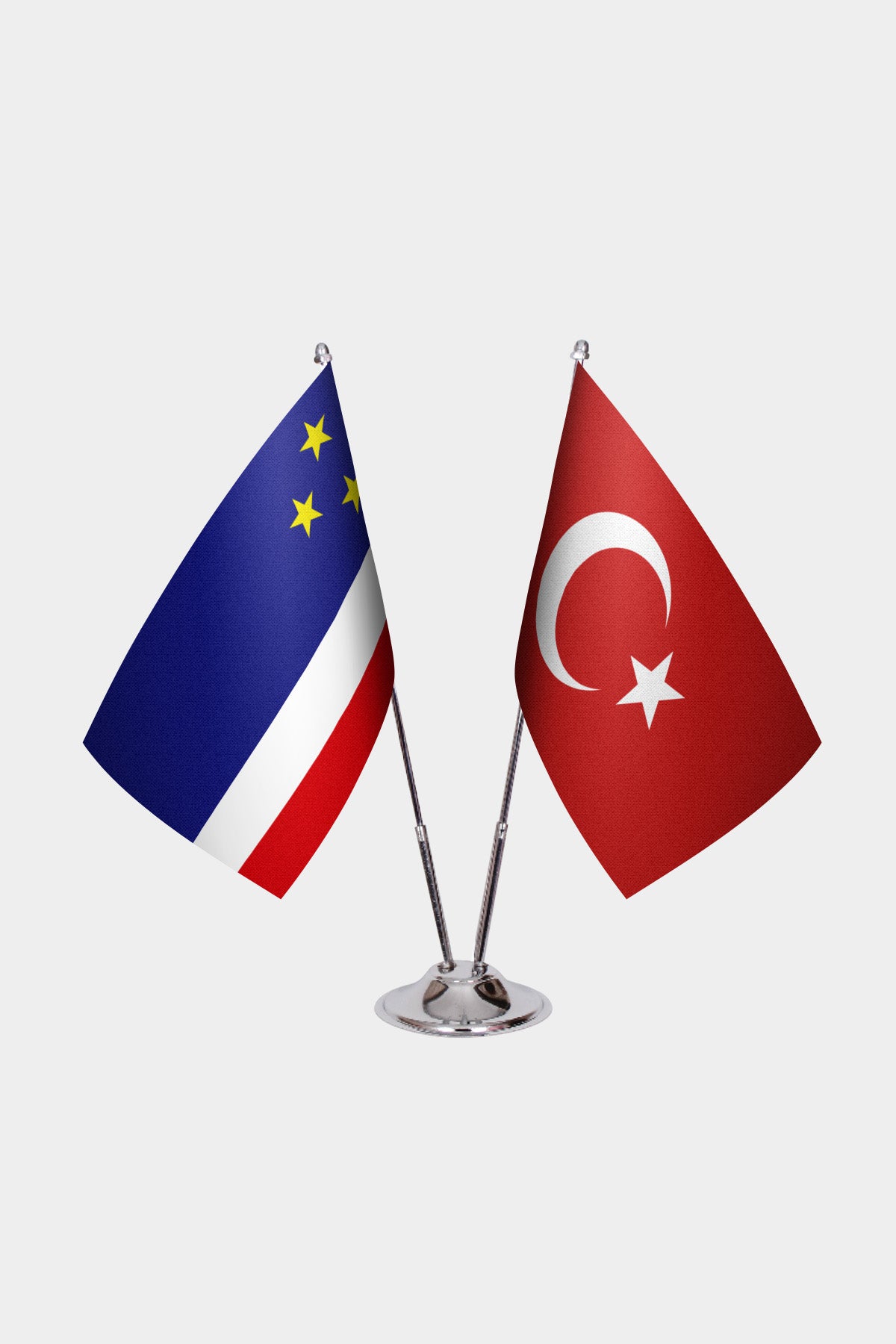 Gagauzia and Türkiye dual desk flag set with chrome silver pedestal, satin office table flag