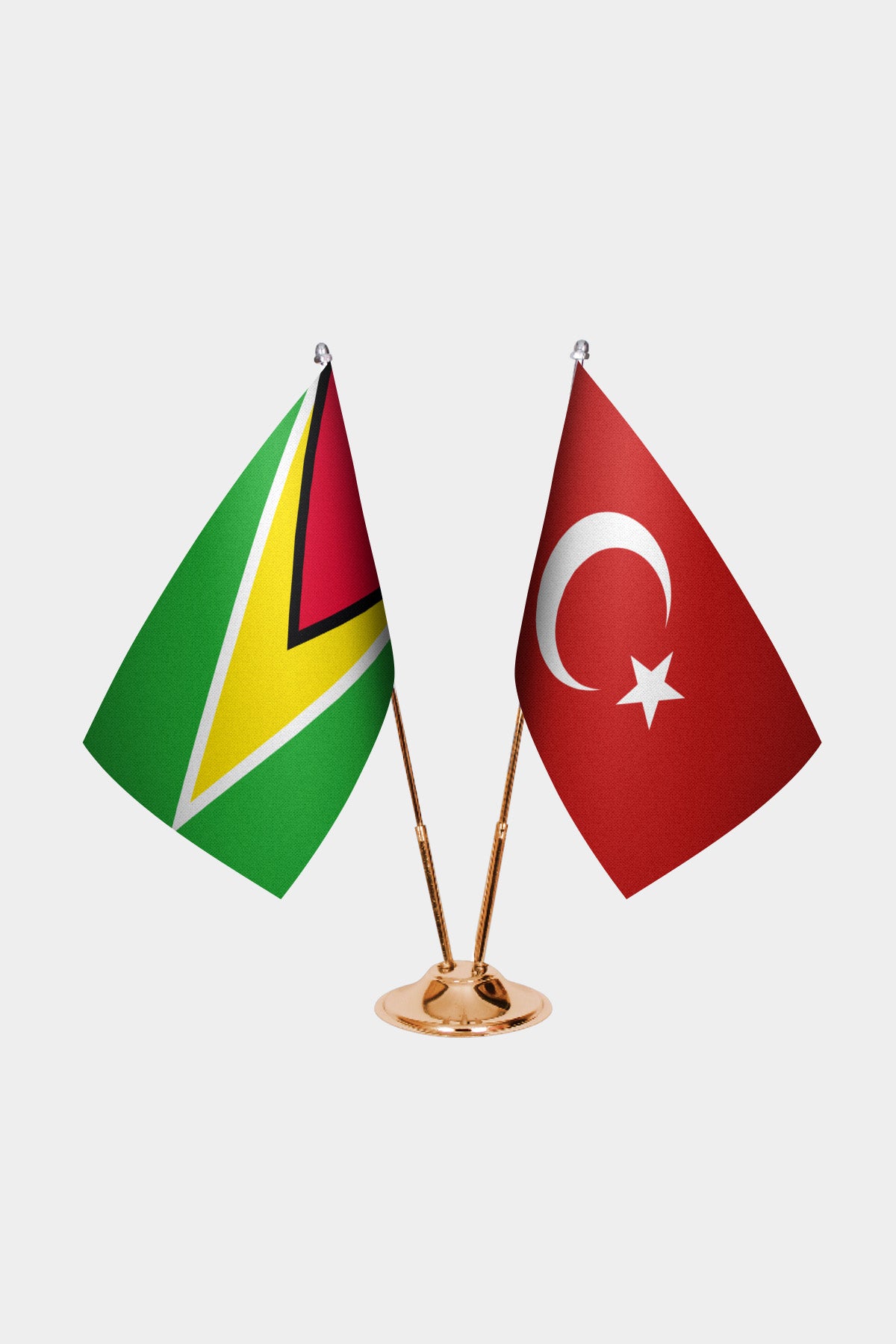 Guyana and Turkey desk flag set with gold pole and base