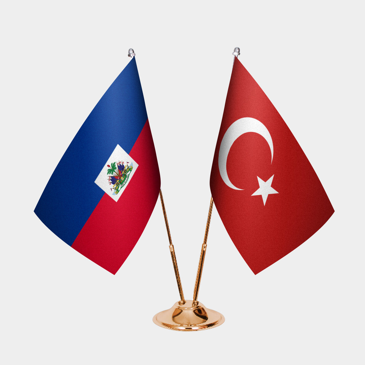 Haiti and Turkey desk flag set with gold pole and base