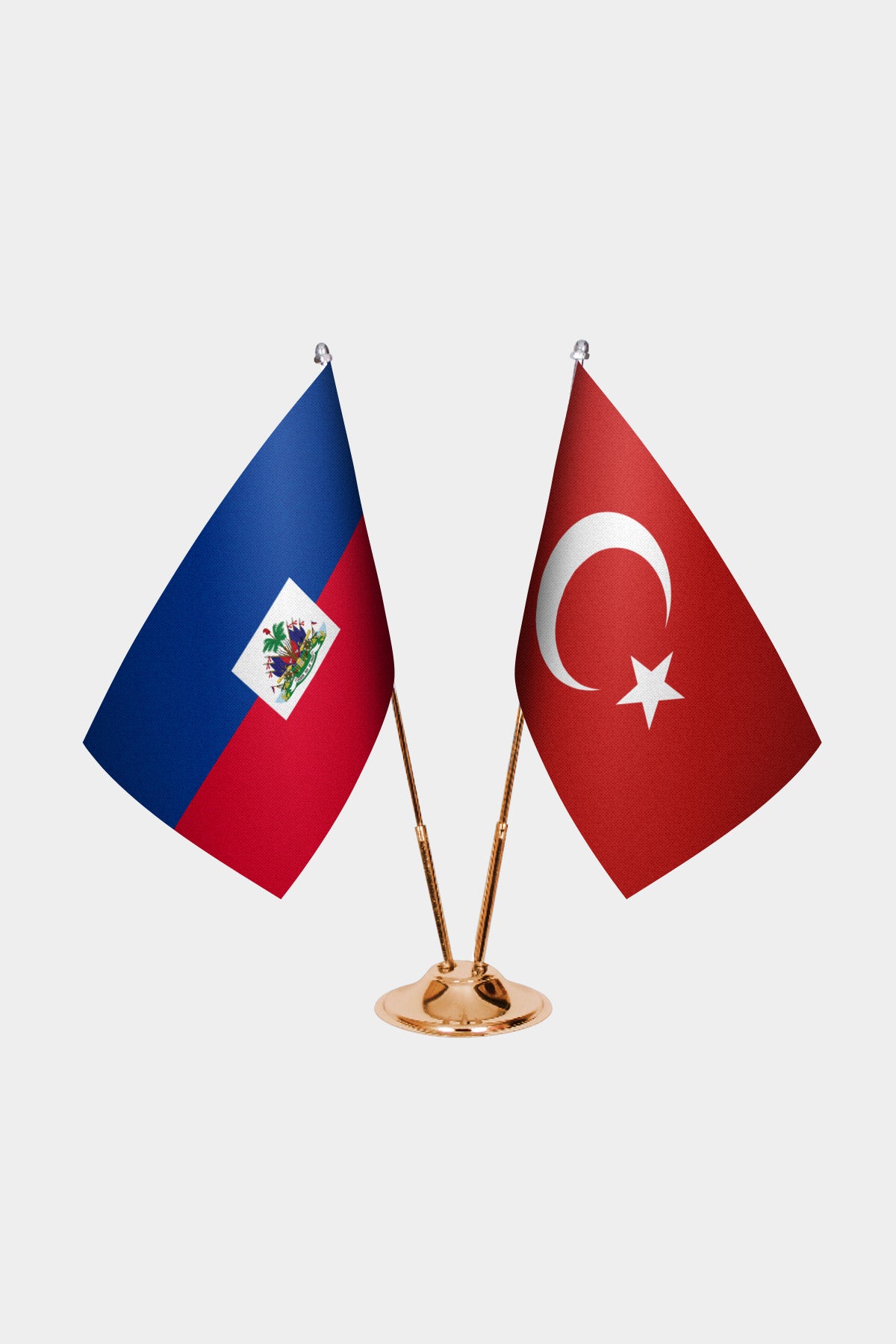 Haiti and Turkey desk flag set with gold pole and base