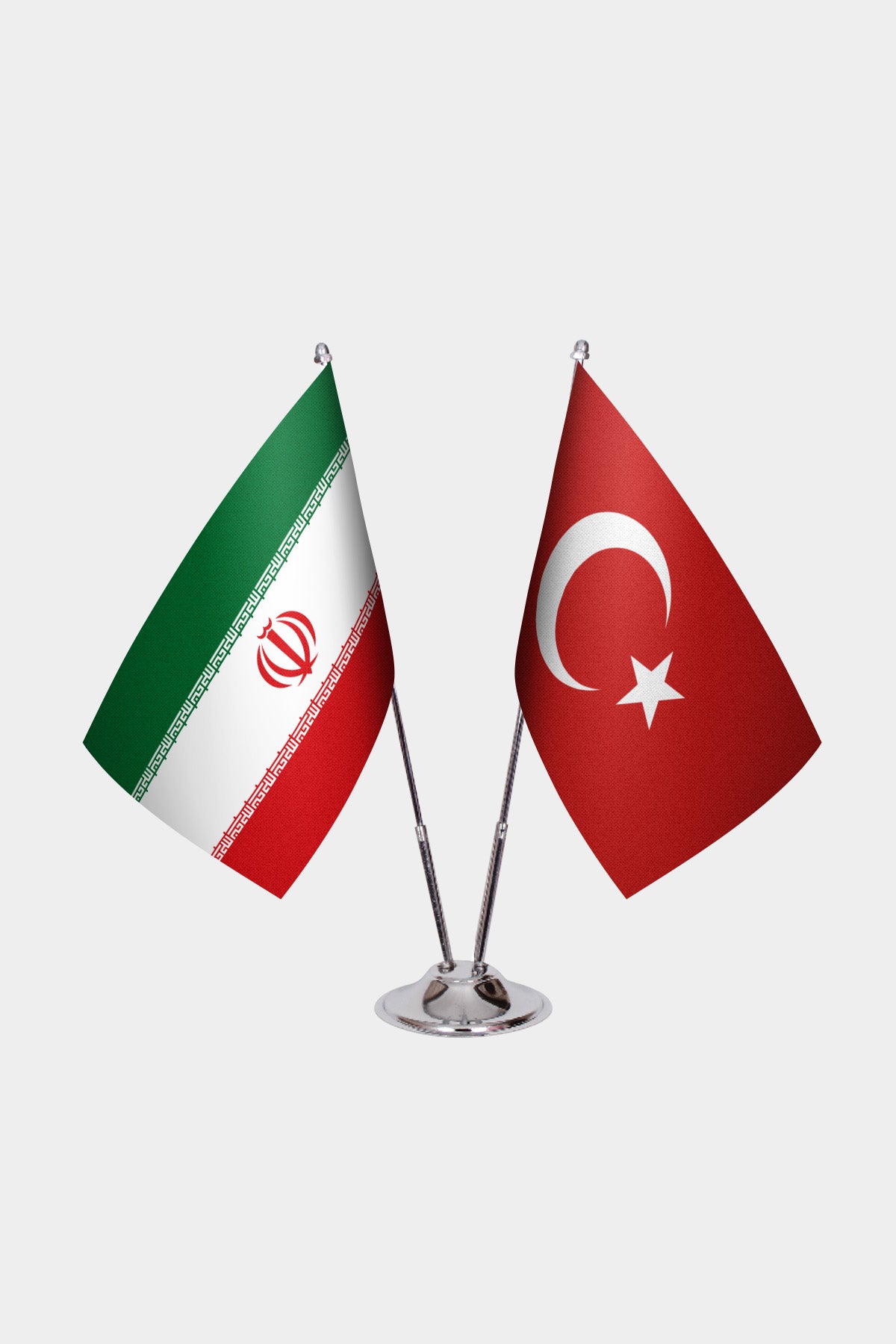 Iran and Turkey desk flag set with chrome pole and base