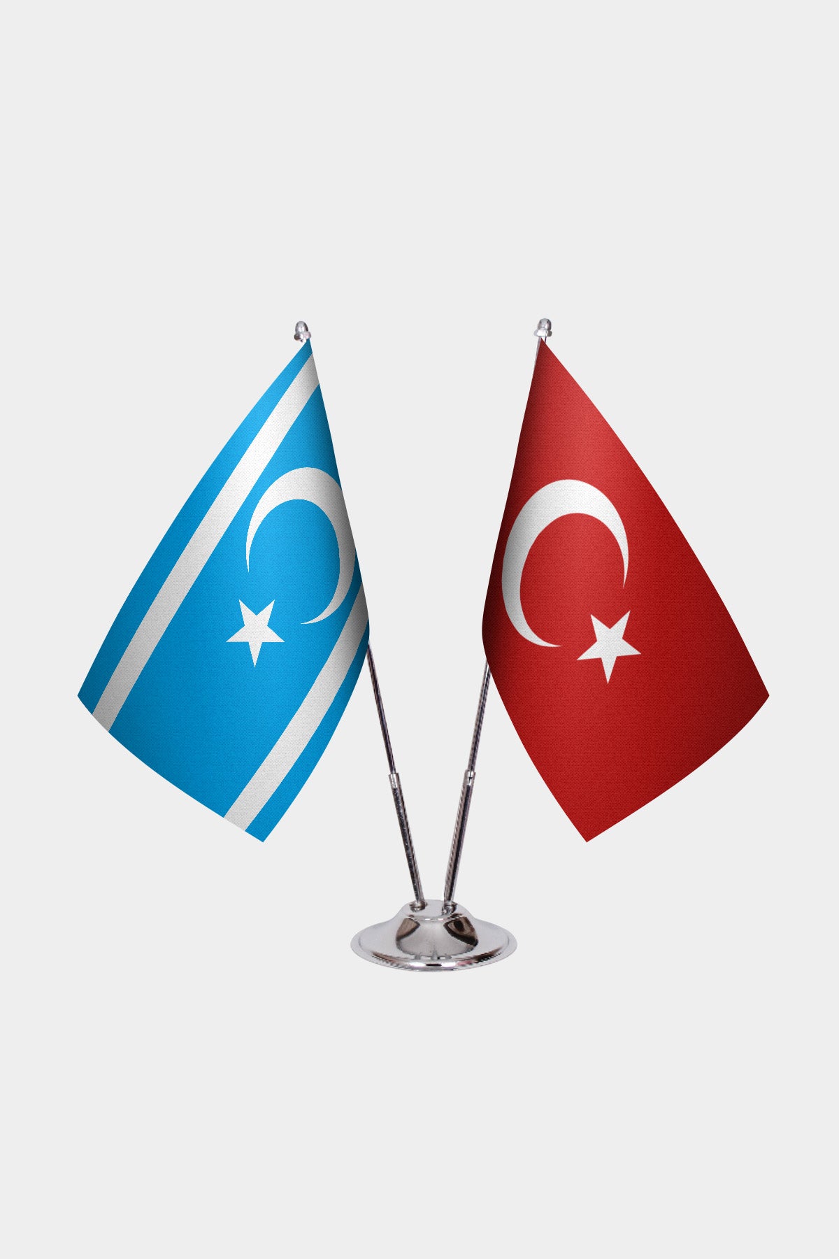 Iraqi Turkmen and Türkiye dual desk flag set with chrome silver pedestal, satin office table flag
