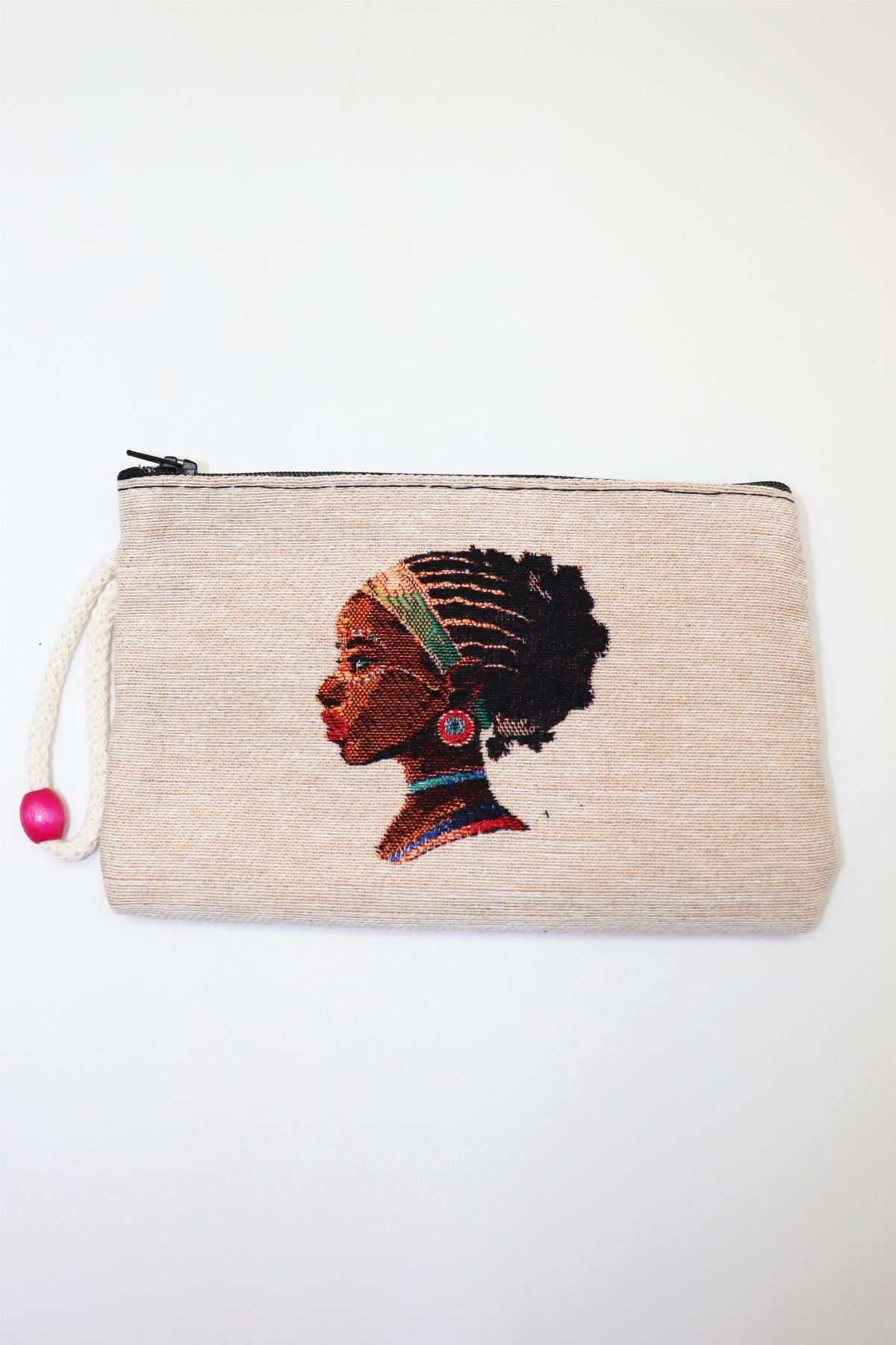 African Woman Portrait Woven Clutch Wallet — woven clutch wallet with wrist strap, front view