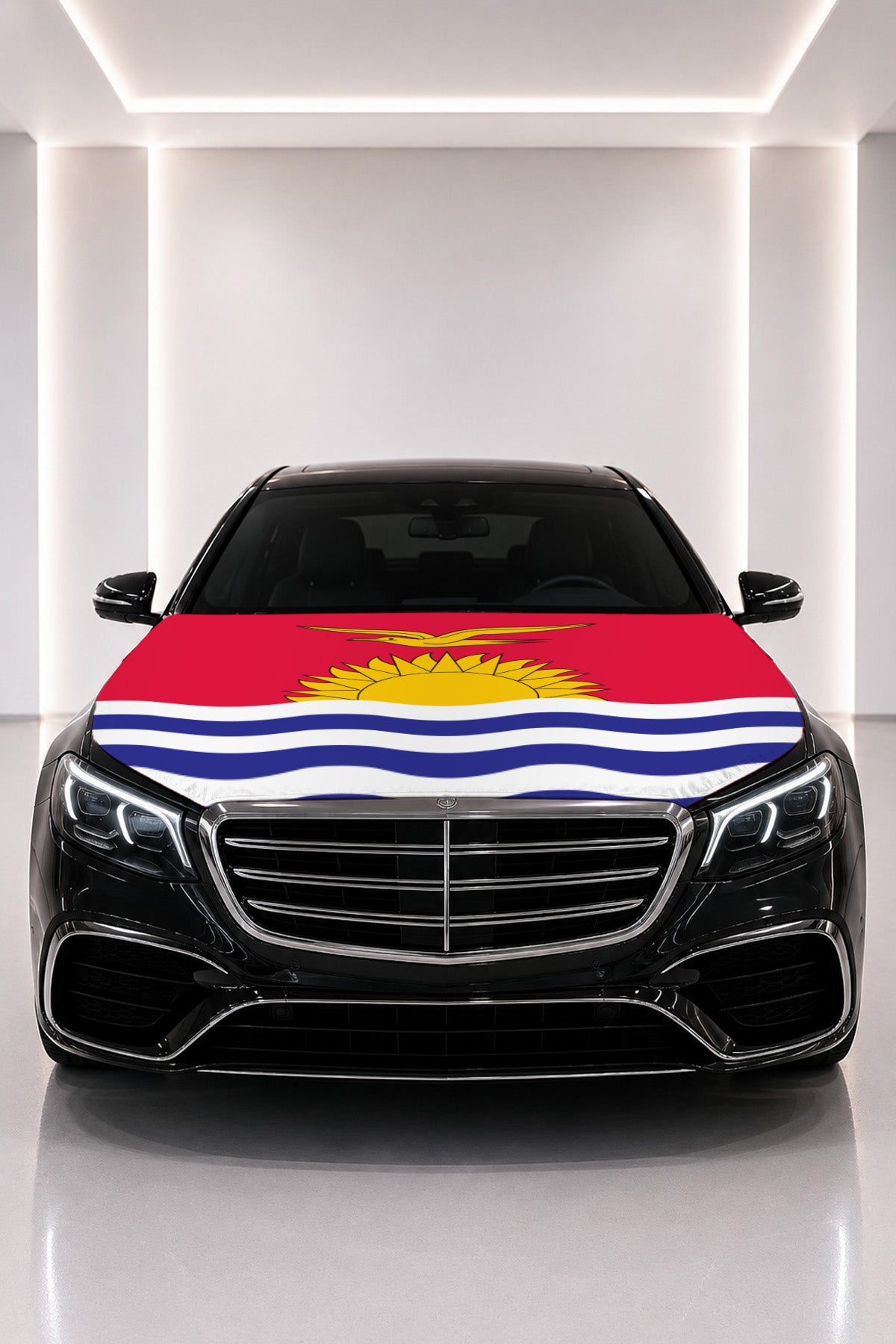 Kiribati flag car hood cover fitted on a black car bonnet