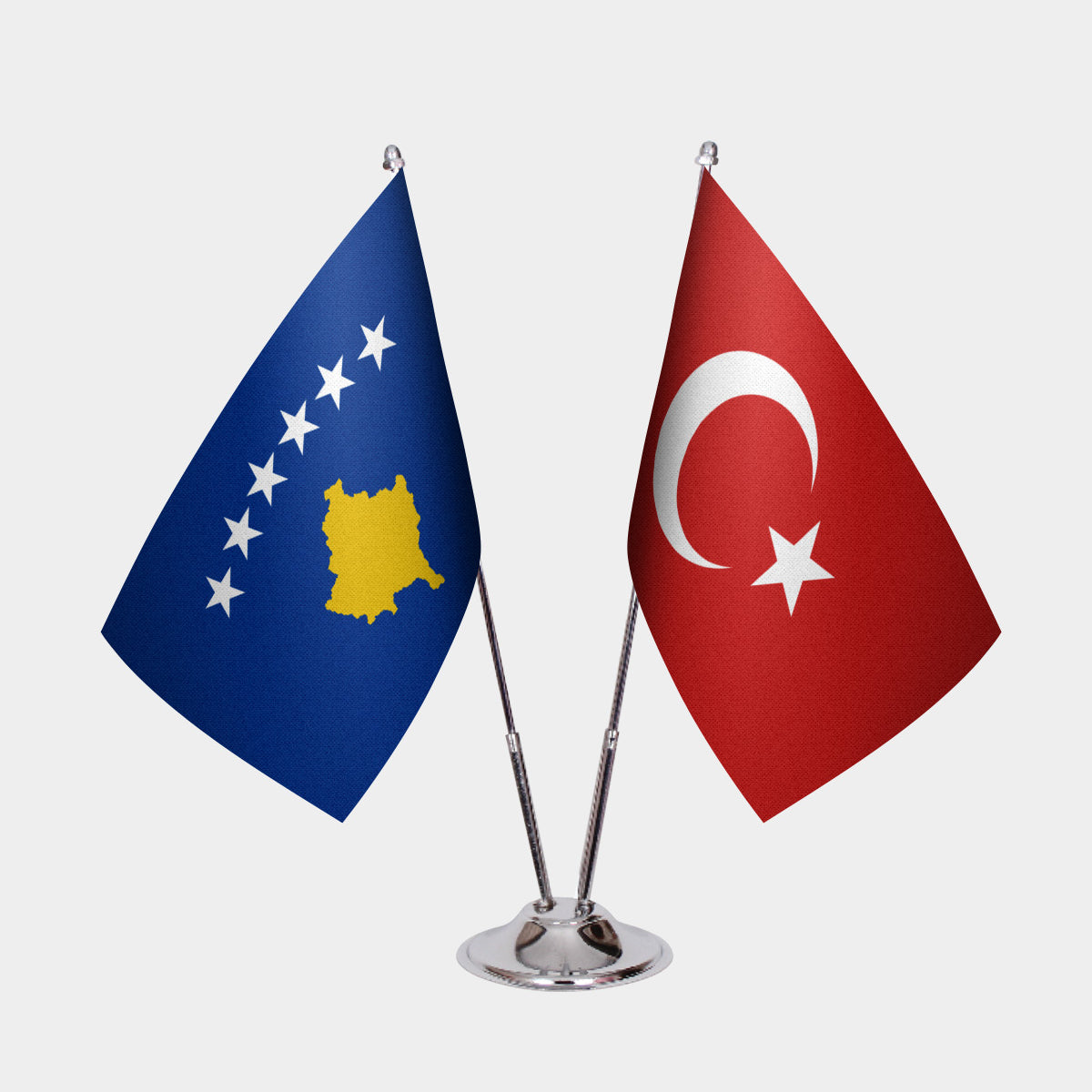 Kosovo and Turkey desk flag set with chrome pole and base