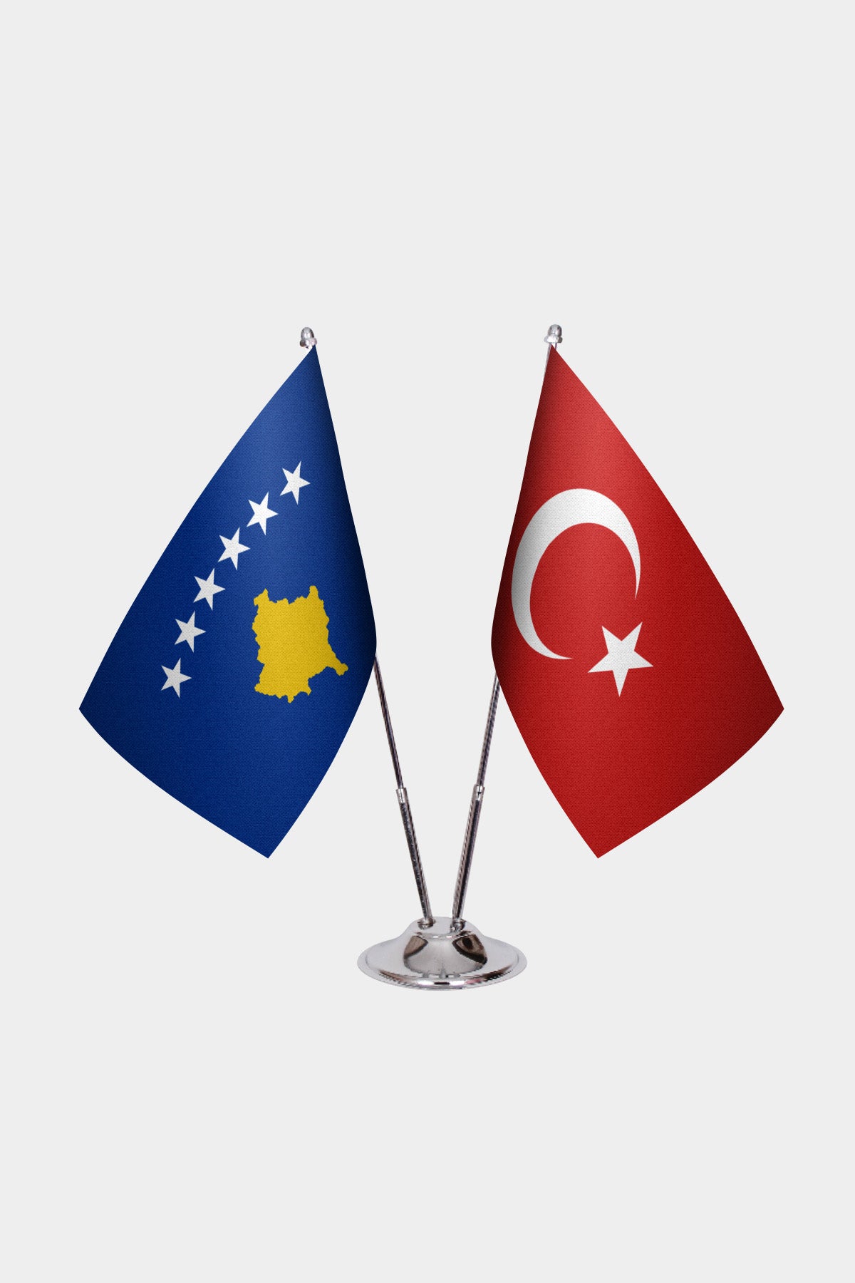 Kosovo and Turkey desk flag set with chrome pole and base