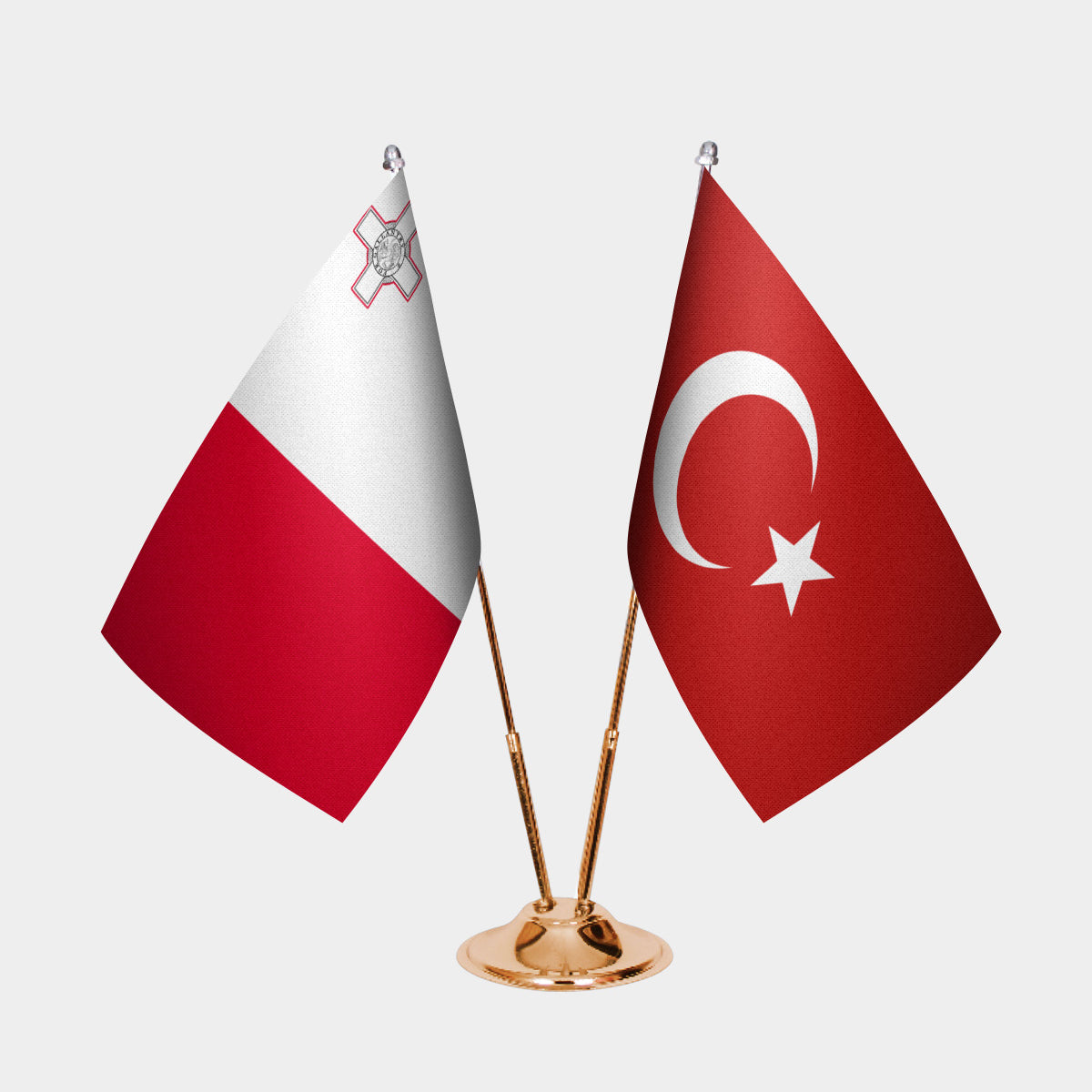Malta and Türkiye dual desk flag set with gold pedestal, satin office table flag