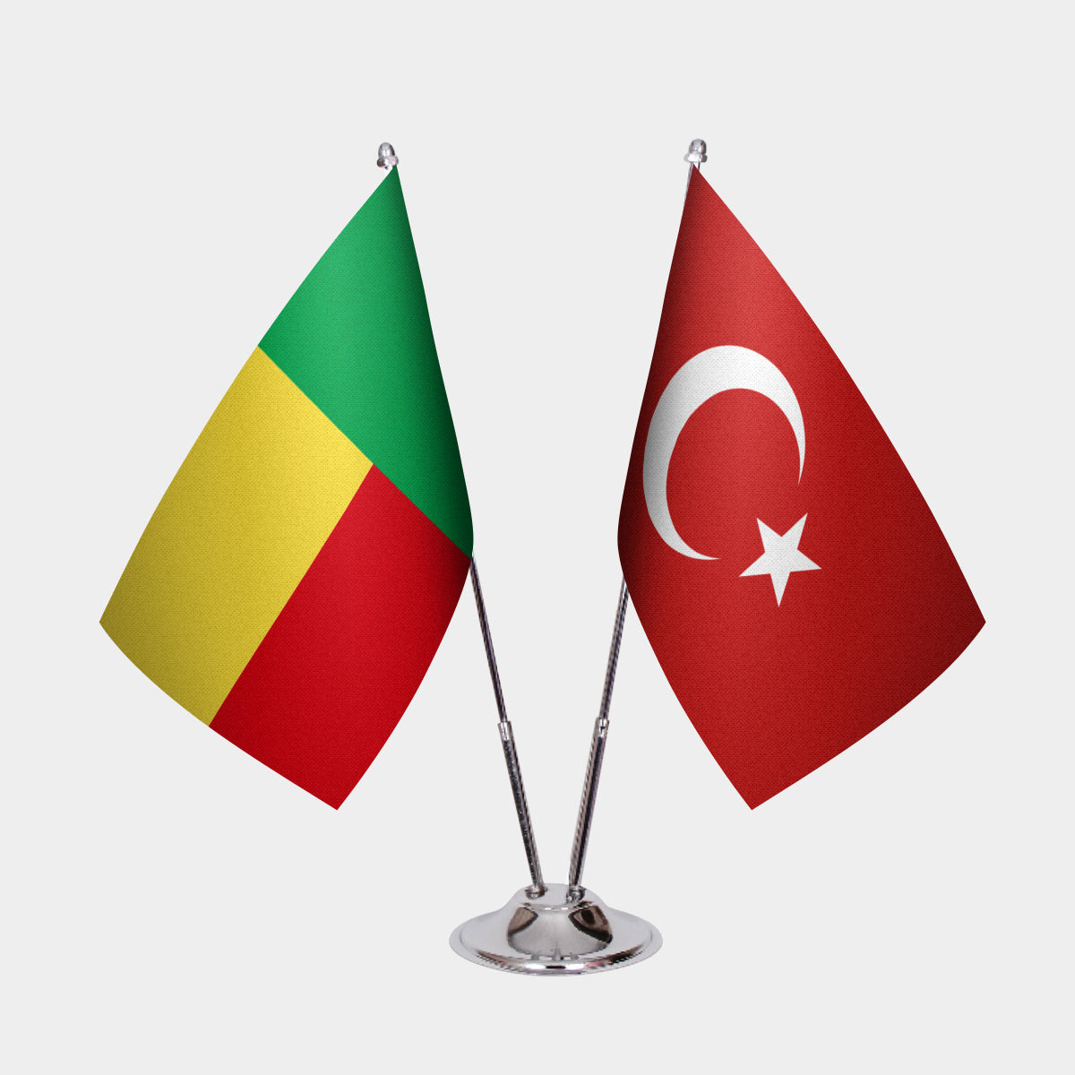 Benin and Turkey desk flag set with chrome pole and base