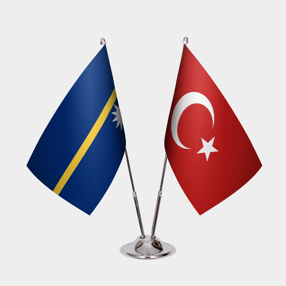 Nauru and Türkiye dual desk flag set with chrome silver pedestal, satin office table flag