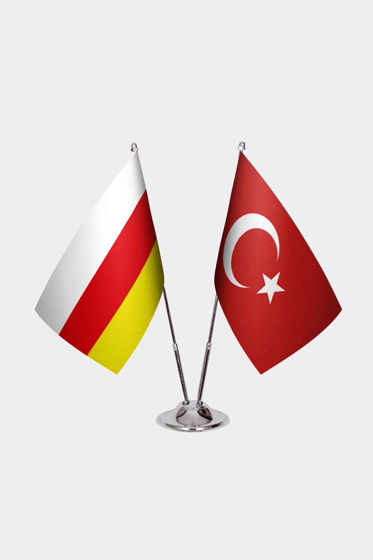 North Ossetia and Türkiye dual desk flag set with chrome silver pedestal, satin office table flag