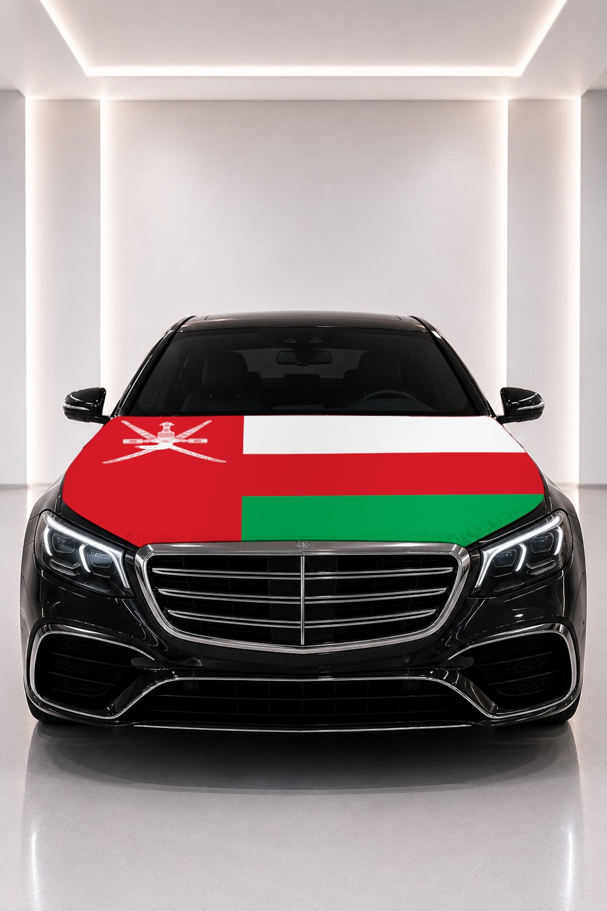 Oman flag car hood cover fitted on a black car bonnet