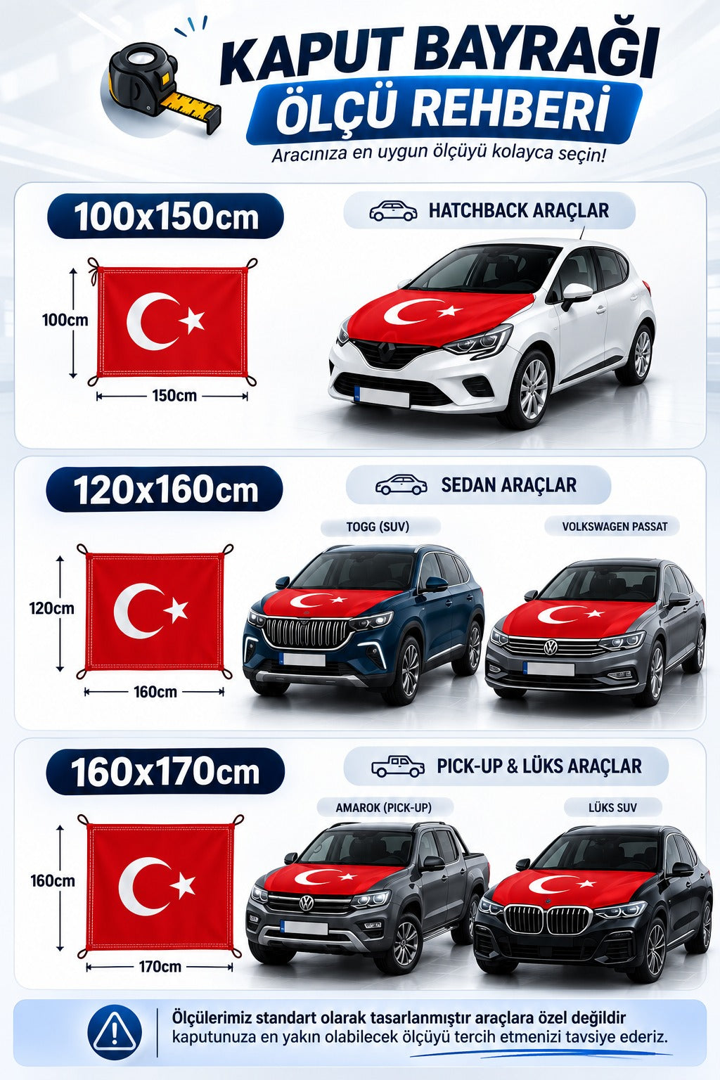 Car hood flag size guide — 100x150, 120x160 and 160x170 cm by vehicle type