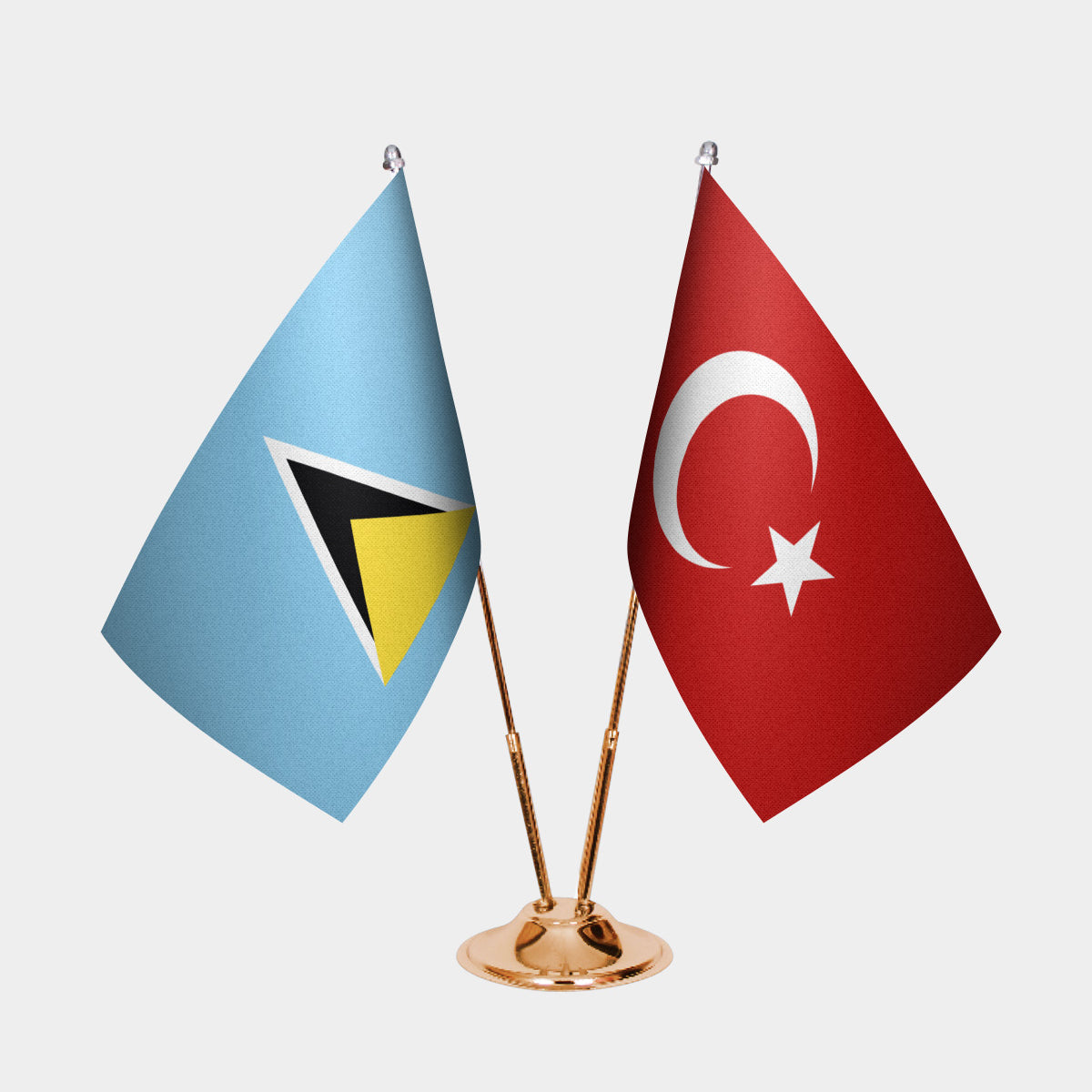 St. Lucia and Turkey desk flag set with gold pole and base
