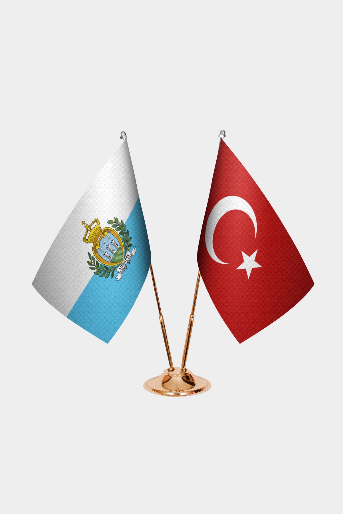 San Marino and Turkey desk flag set with gold pole and base