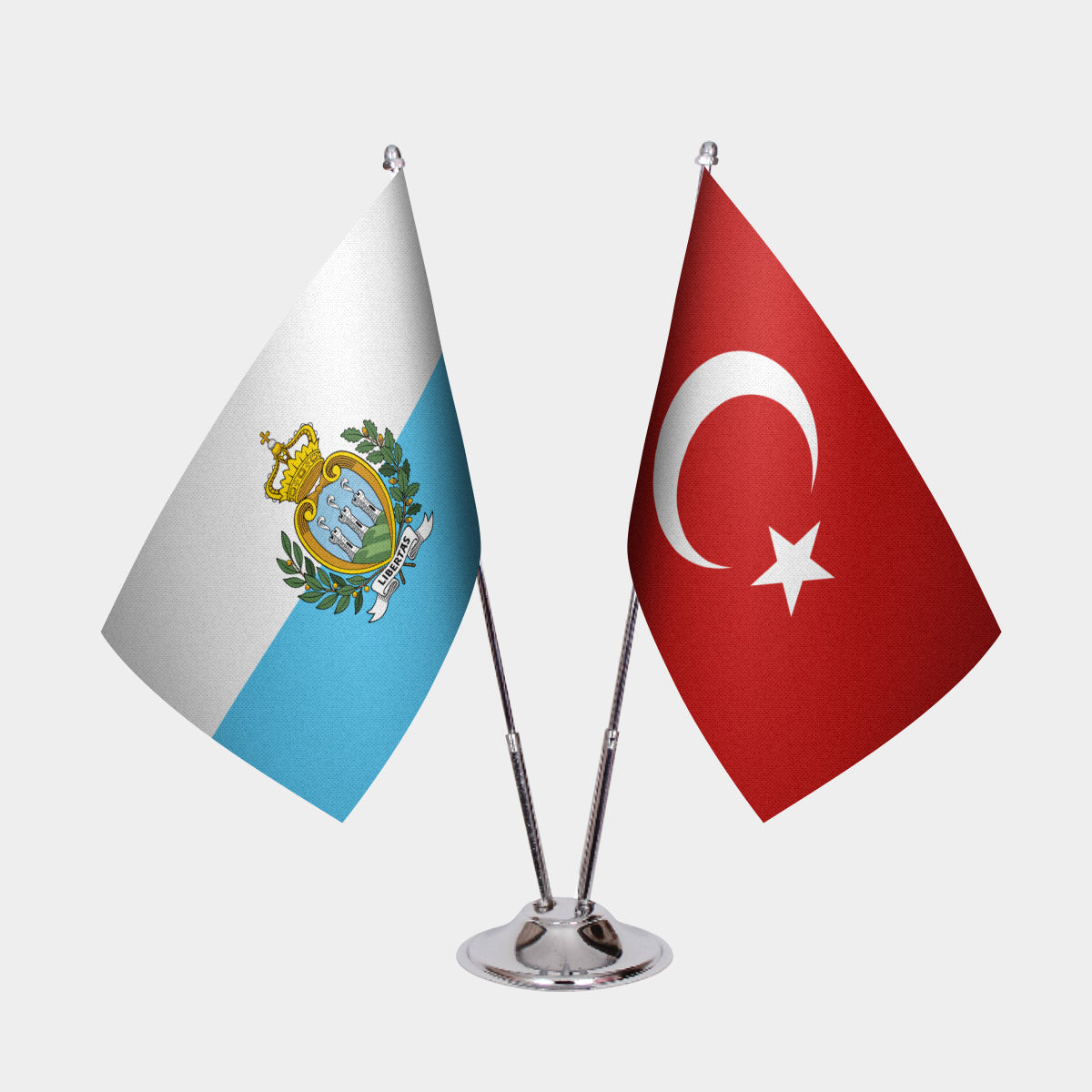 San Marino and Turkey desk flag set with chrome pole and base
