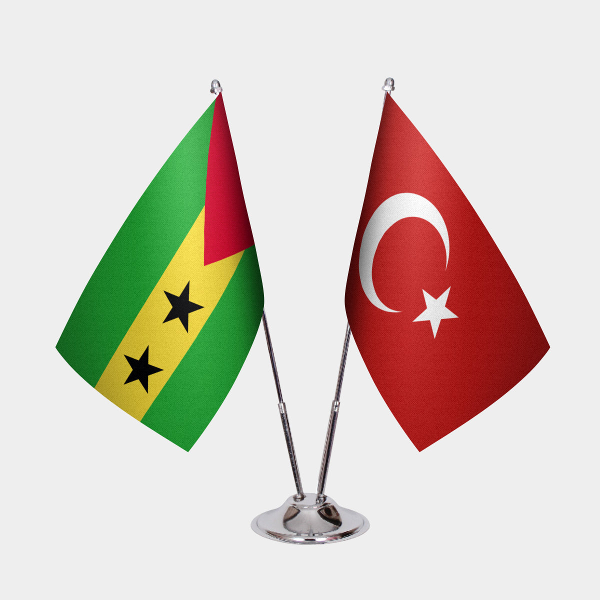São Tomé & Príncipe and Turkey desk flag set with chrome pole and base