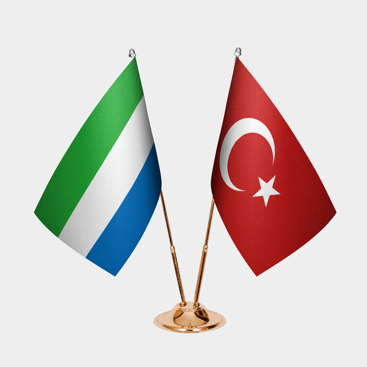 Sierra Leone and Turkey desk flag set with gold pole and base
