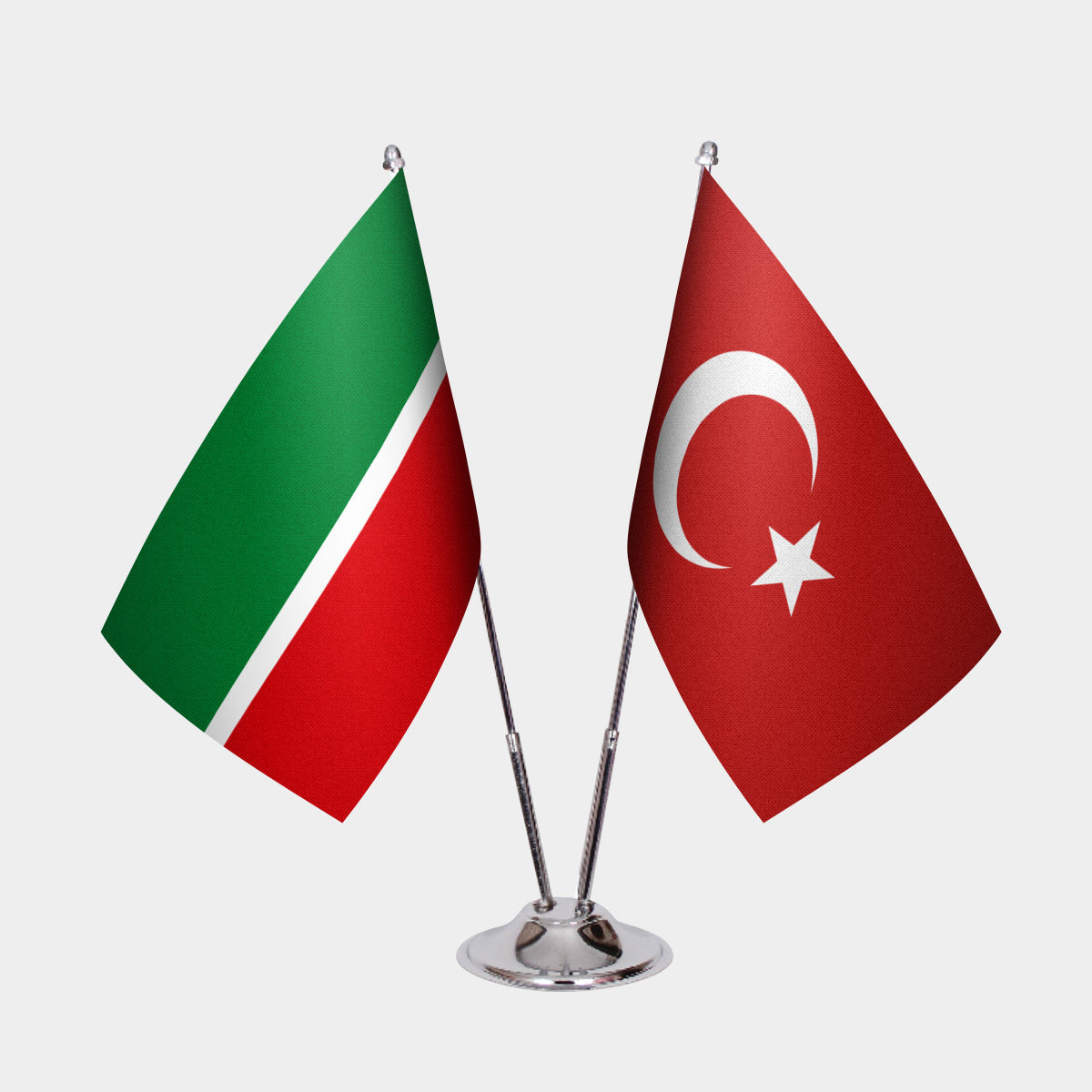 Tatarstan and Türkiye dual desk flag set with chrome silver pedestal, satin office table flag