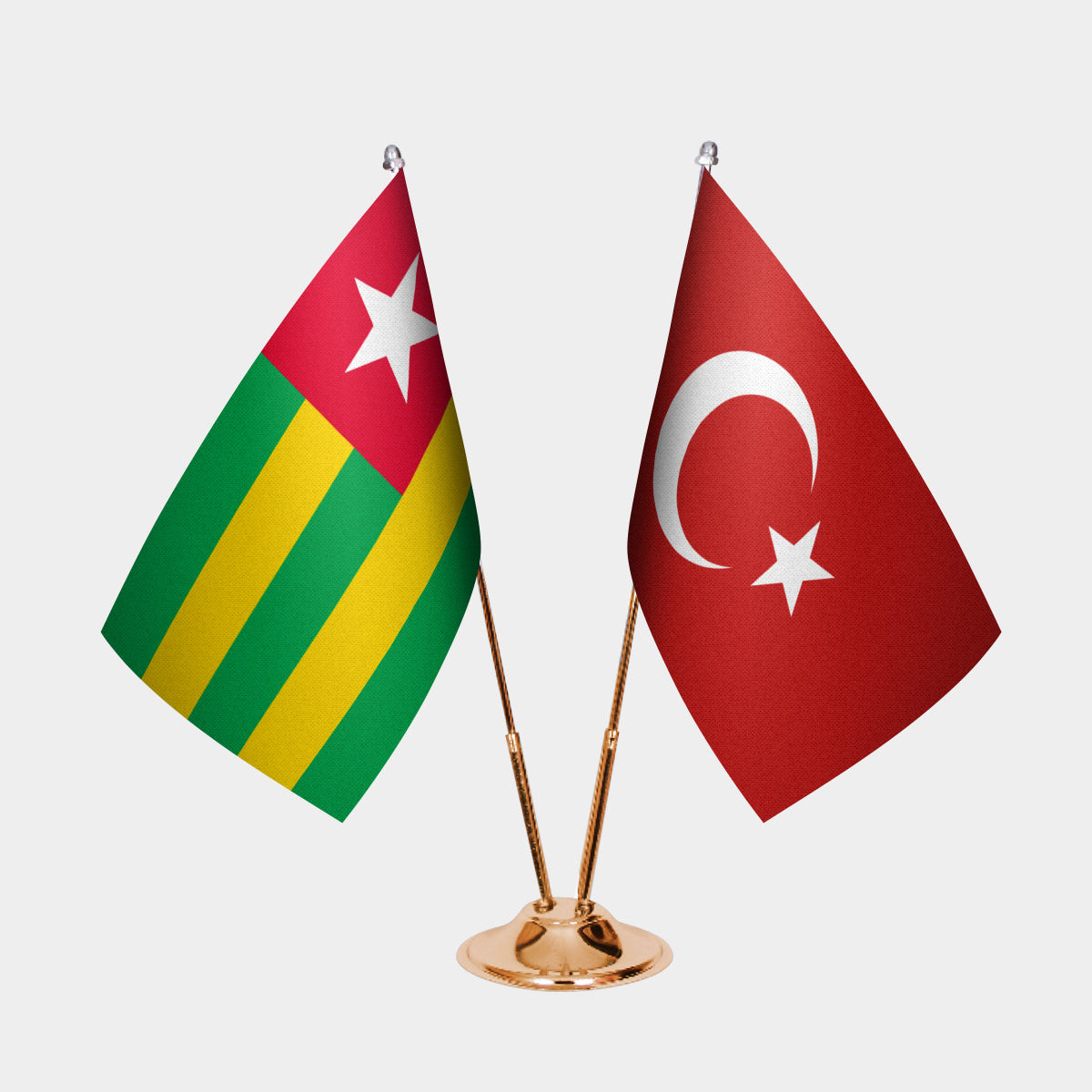 Togo and Turkey desk flag set with gold pole and base