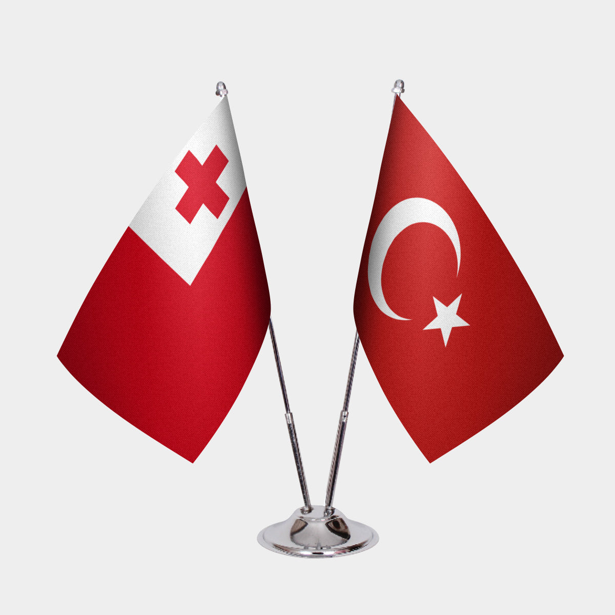 Tonga and Turkey desk flag set with chrome pole and base