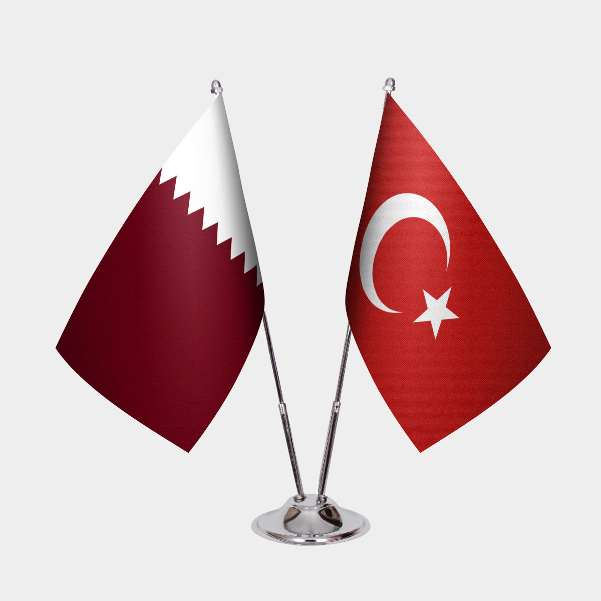 Qatar and Turkey desk flag set with chrome pole and base