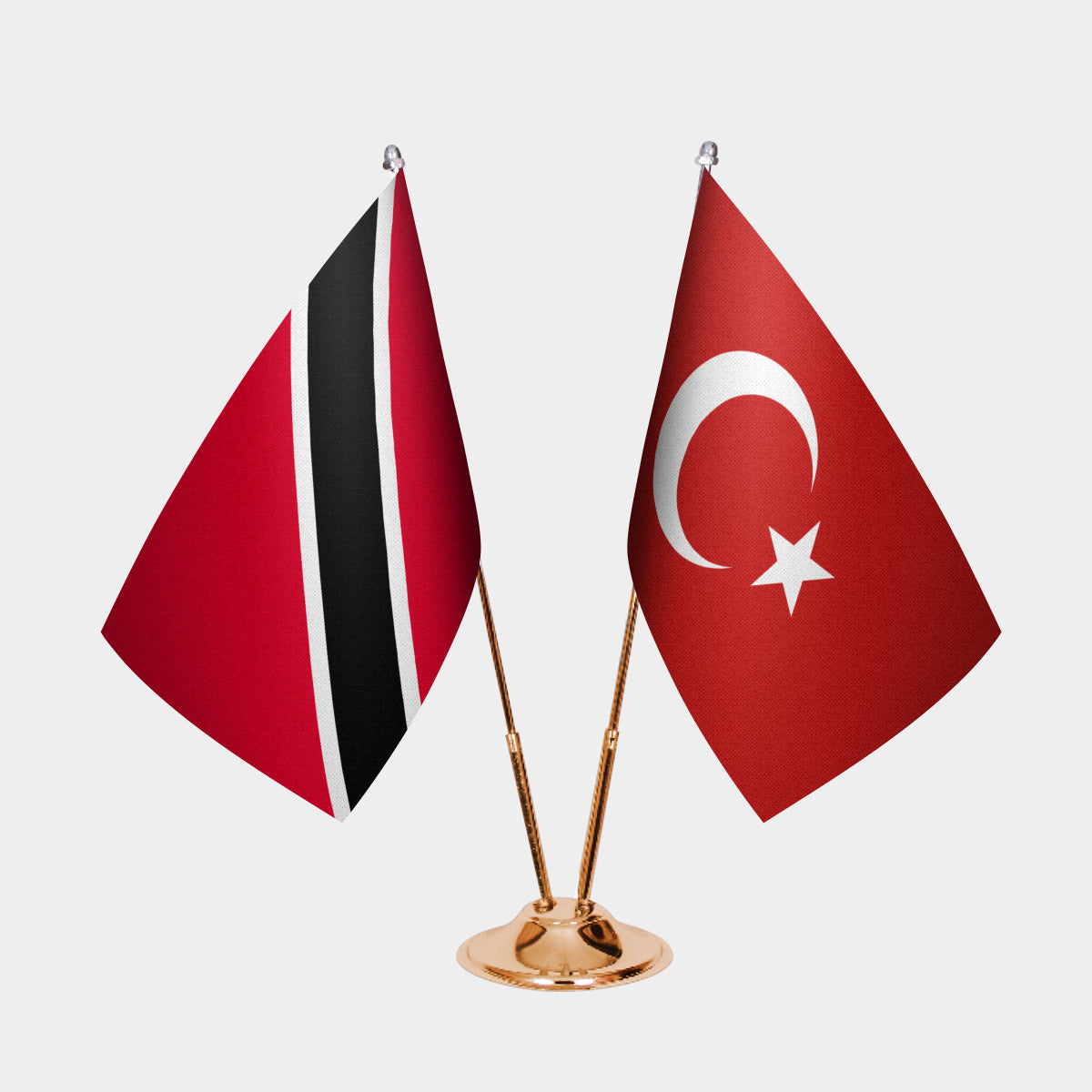 Trinidad & Tobago and Turkey desk flag set with gold pole and base