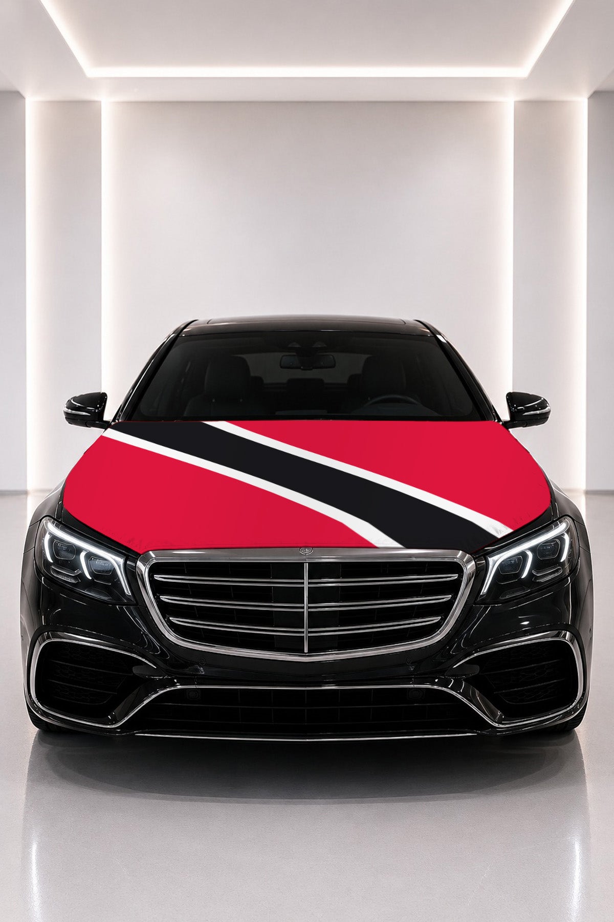 Trinidad and Tobago flag car hood cover fitted on a black car bonnet