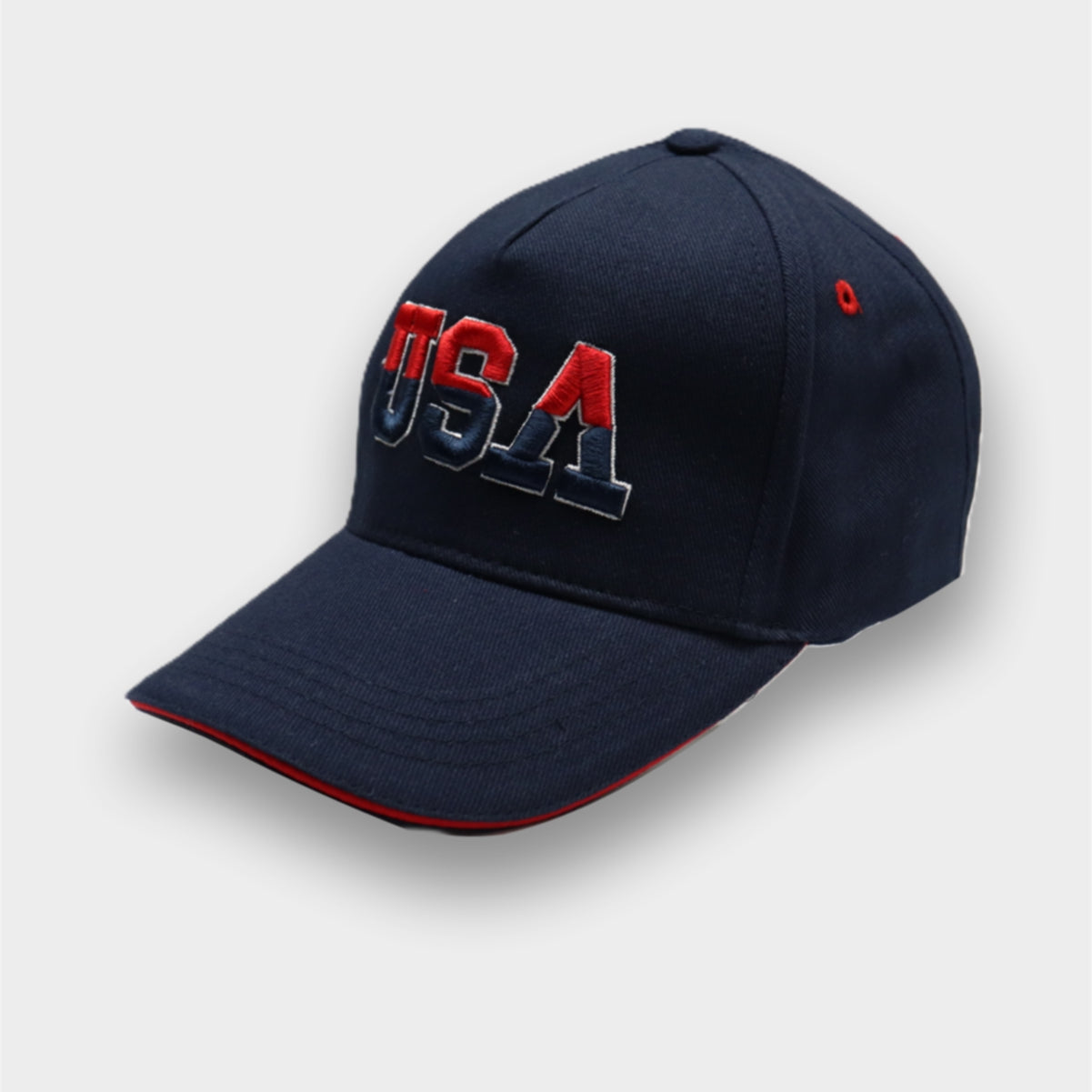 USA flag baseball cap in navy cotton with red brim trim