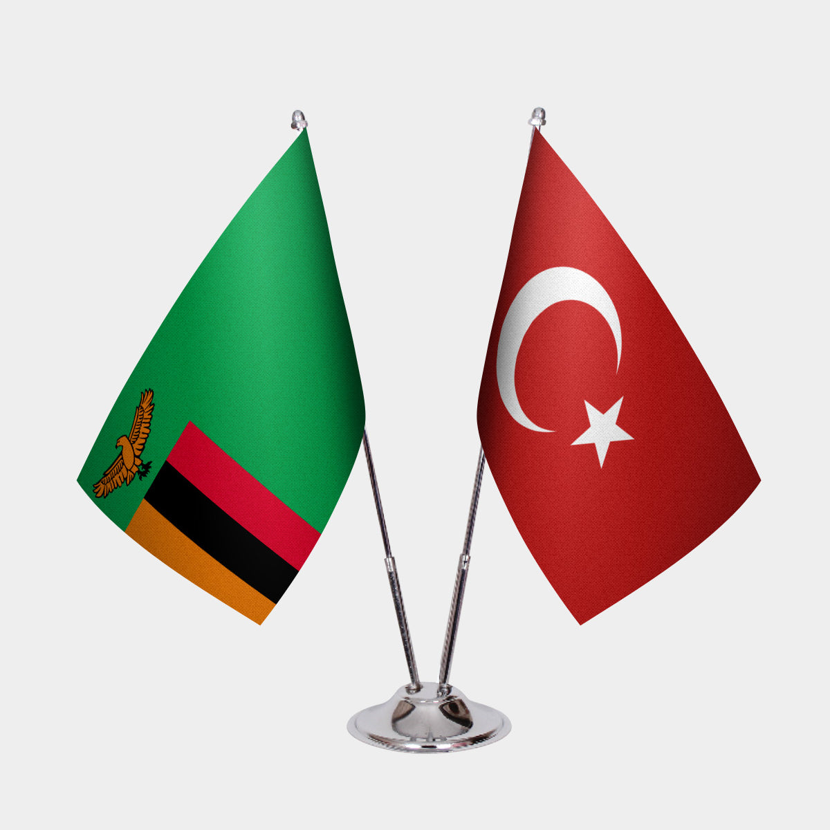 Zambia and Turkey desk flag set with chrome pole and base