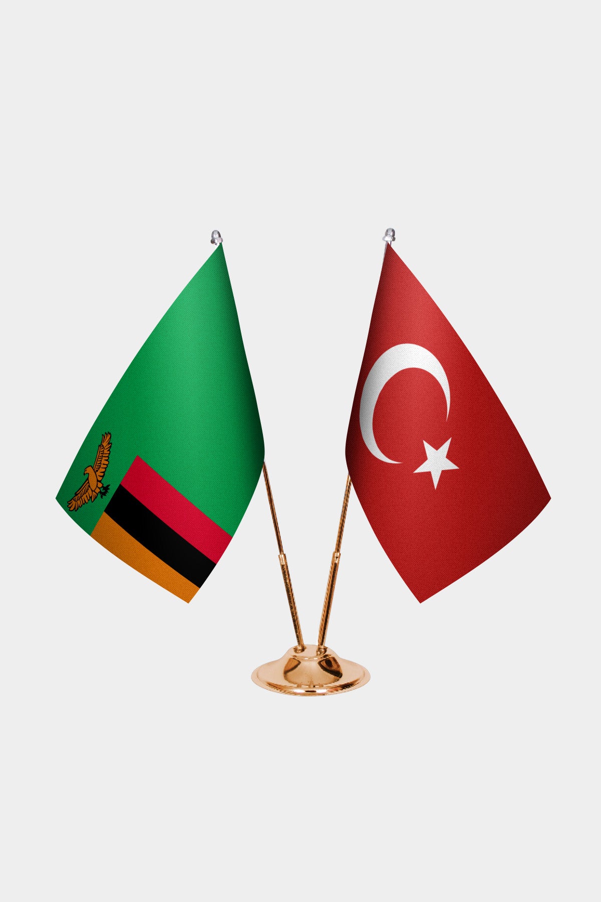 Zambia and Turkey desk flag set with gold pole and base