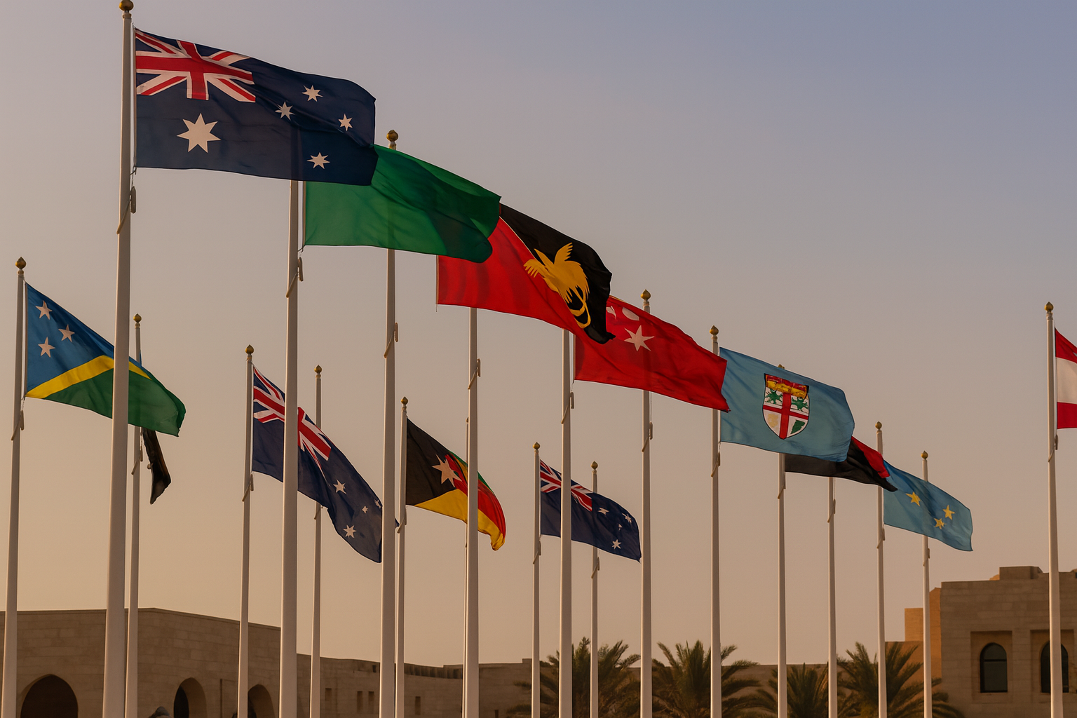 Oceania countries national flags waving under blue sky – Asya Bayrak
