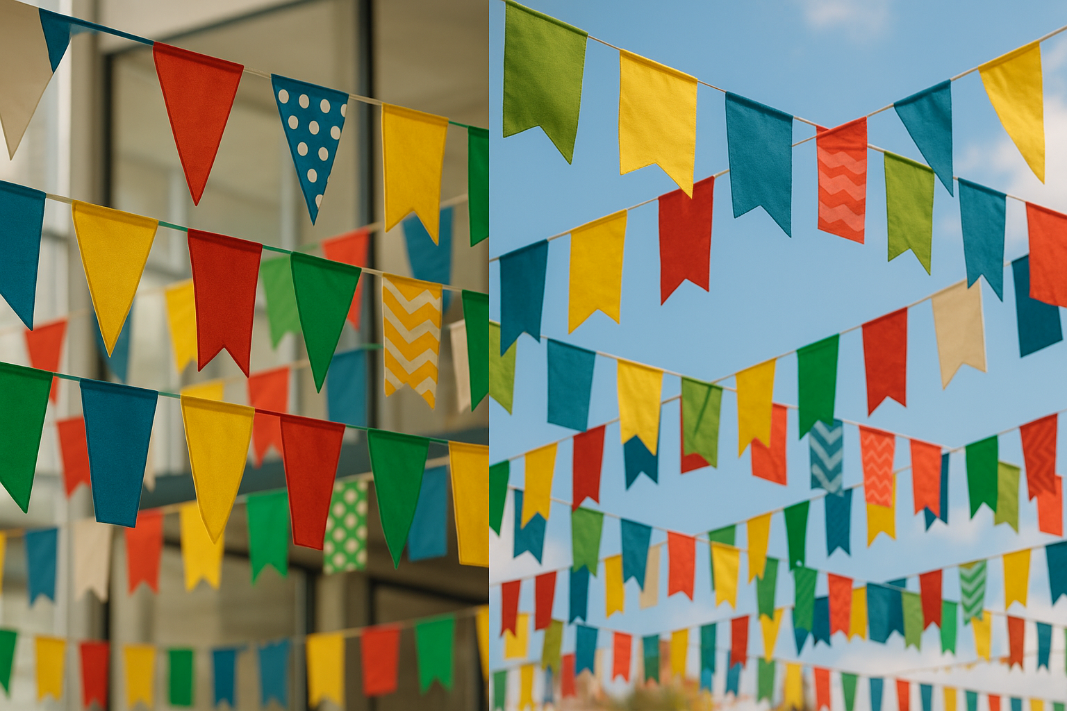Colorful string pennants hanging outdoors – custom printed flag banners by Asya Bayrak.