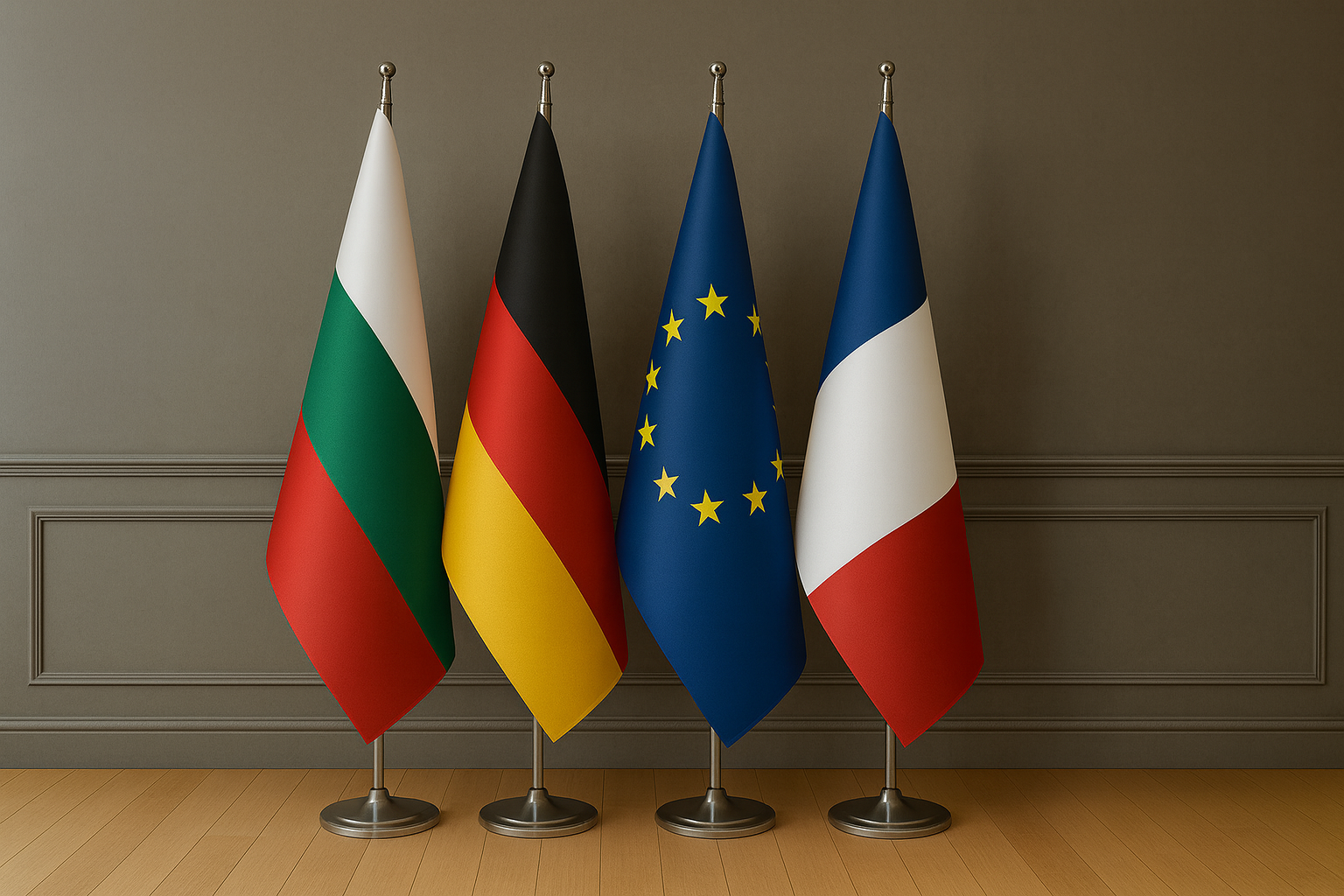 European country indoor flags with gold fringes displayed in office – Asya Bayrak