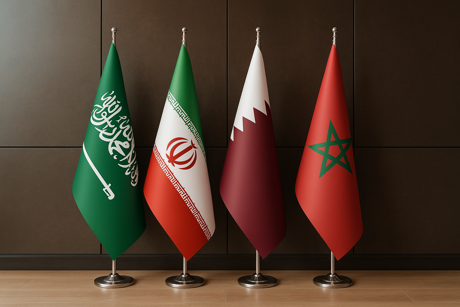 MENA countries indoor flags with gold fringes displayed in an office – Asya Bayrak