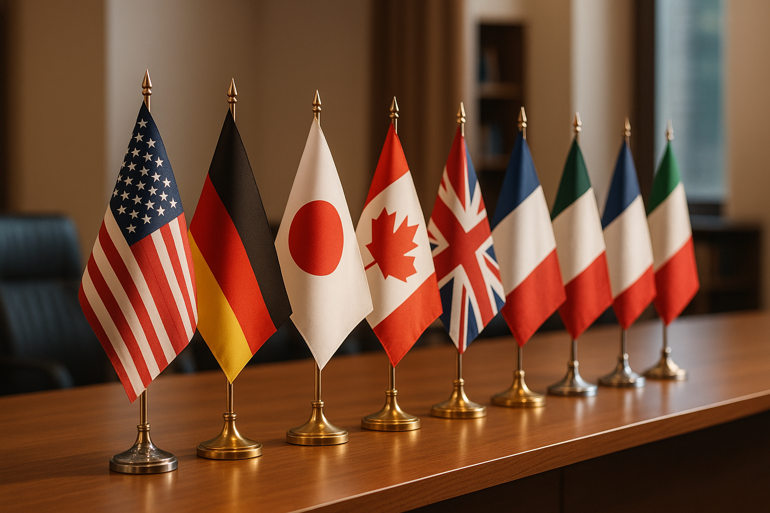 Elegant desk flags with chrome poles displayed on office table – Asya Bayrak