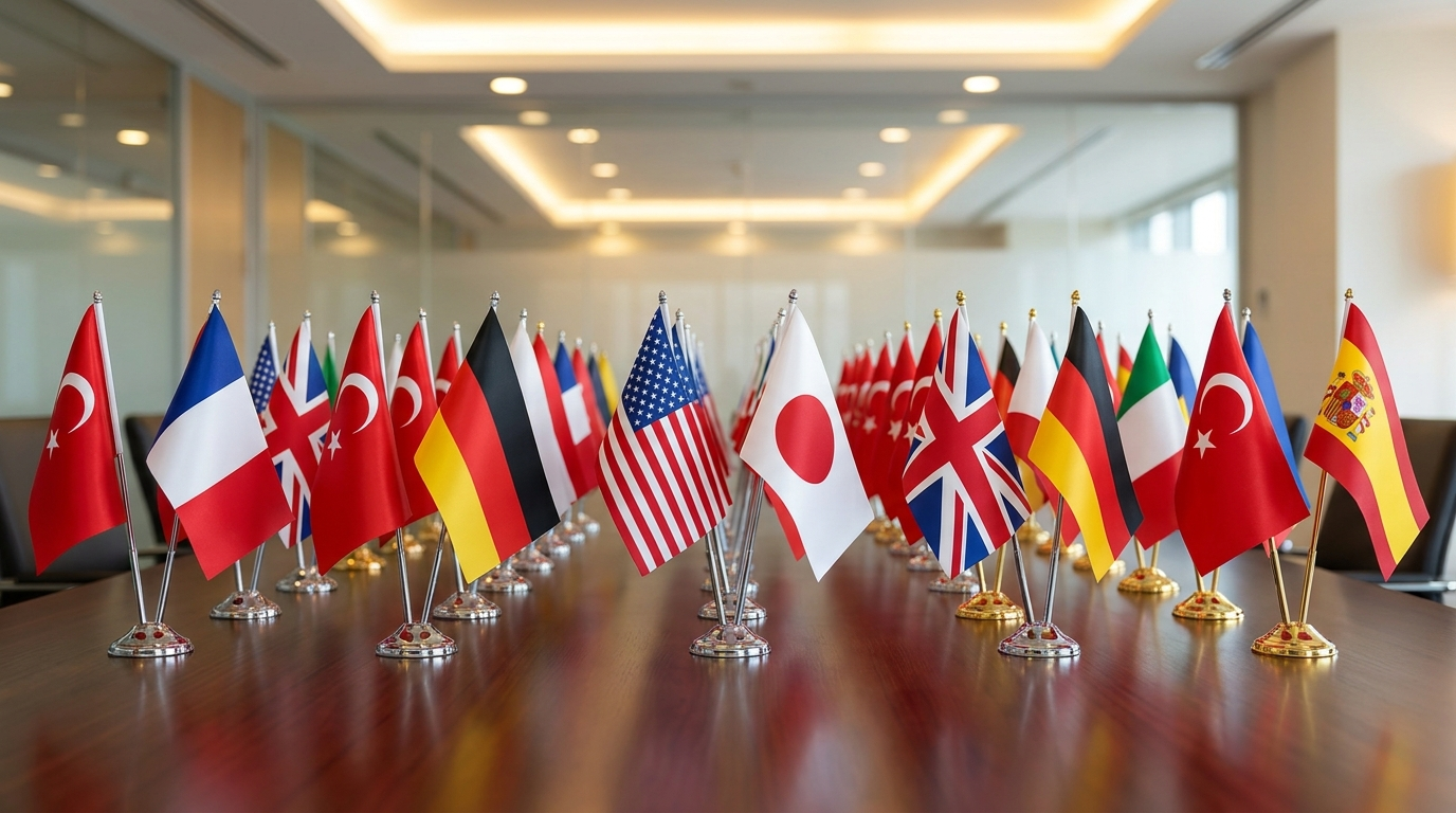 Turkey and country dual desk flag sets — Türkiye ikili masa bayrağı setleri — 200+ ülke, krom ve gold direkli saten masa bayrakları ofis masasında; elçilik, makam ve ikili görüşmeler için