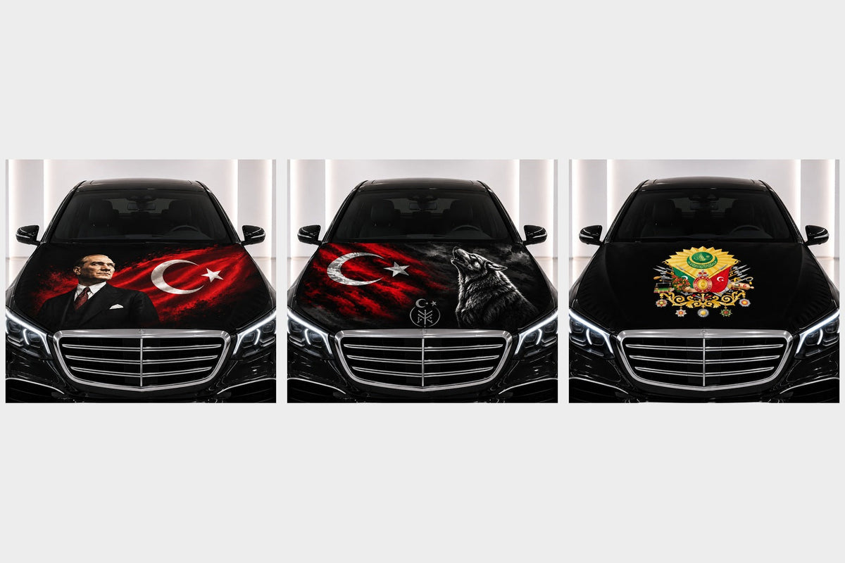Car hood flags — Atatürk, grey wolf and Ottoman coat of arms designs fitted on car bonnets