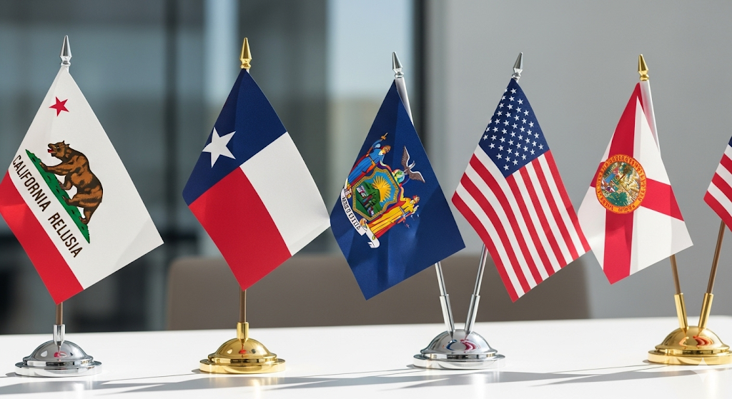 USA state desk flags displayed with chrome bases on an office table – Asya Bayrak