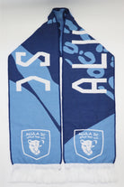 Alula SC custom woven football scarf — Saudi Arabian club design in light blue and navy with lion crest