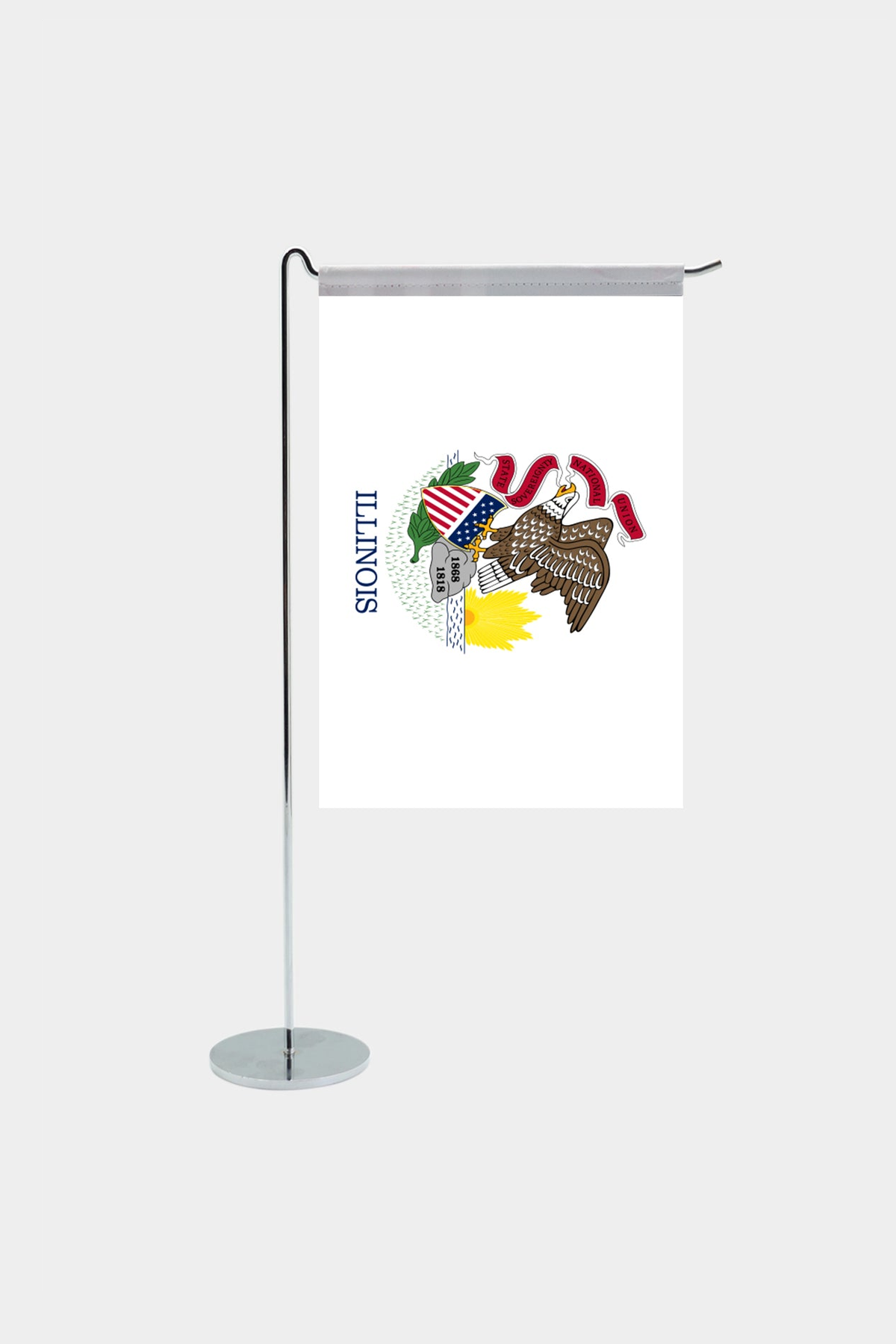 Illinois state desk flag with chrome L-shaped stand - premium double-layer satin office flag