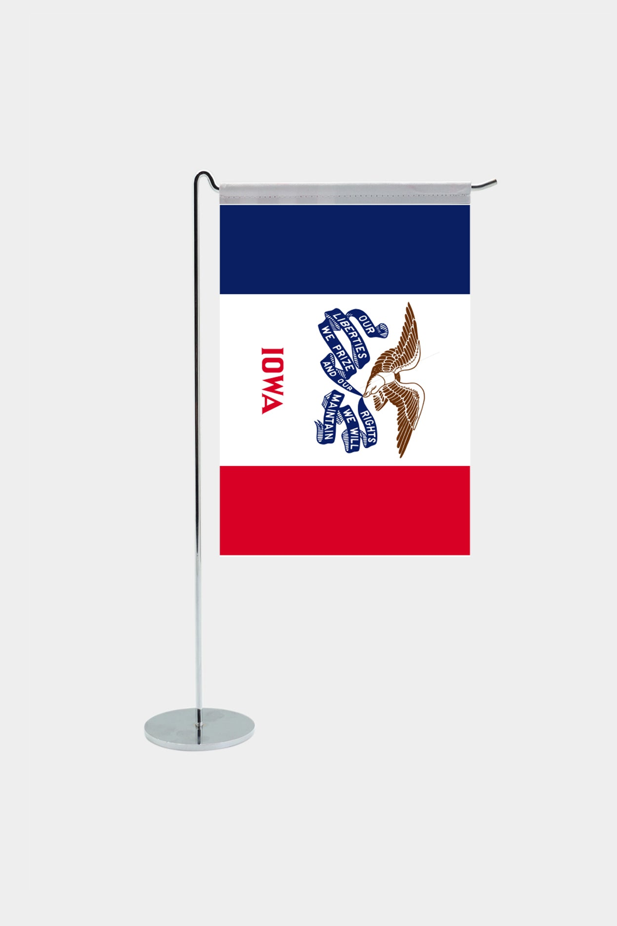 Iowa state desk flag with chrome L-shaped stand - premium double-layer satin office flag