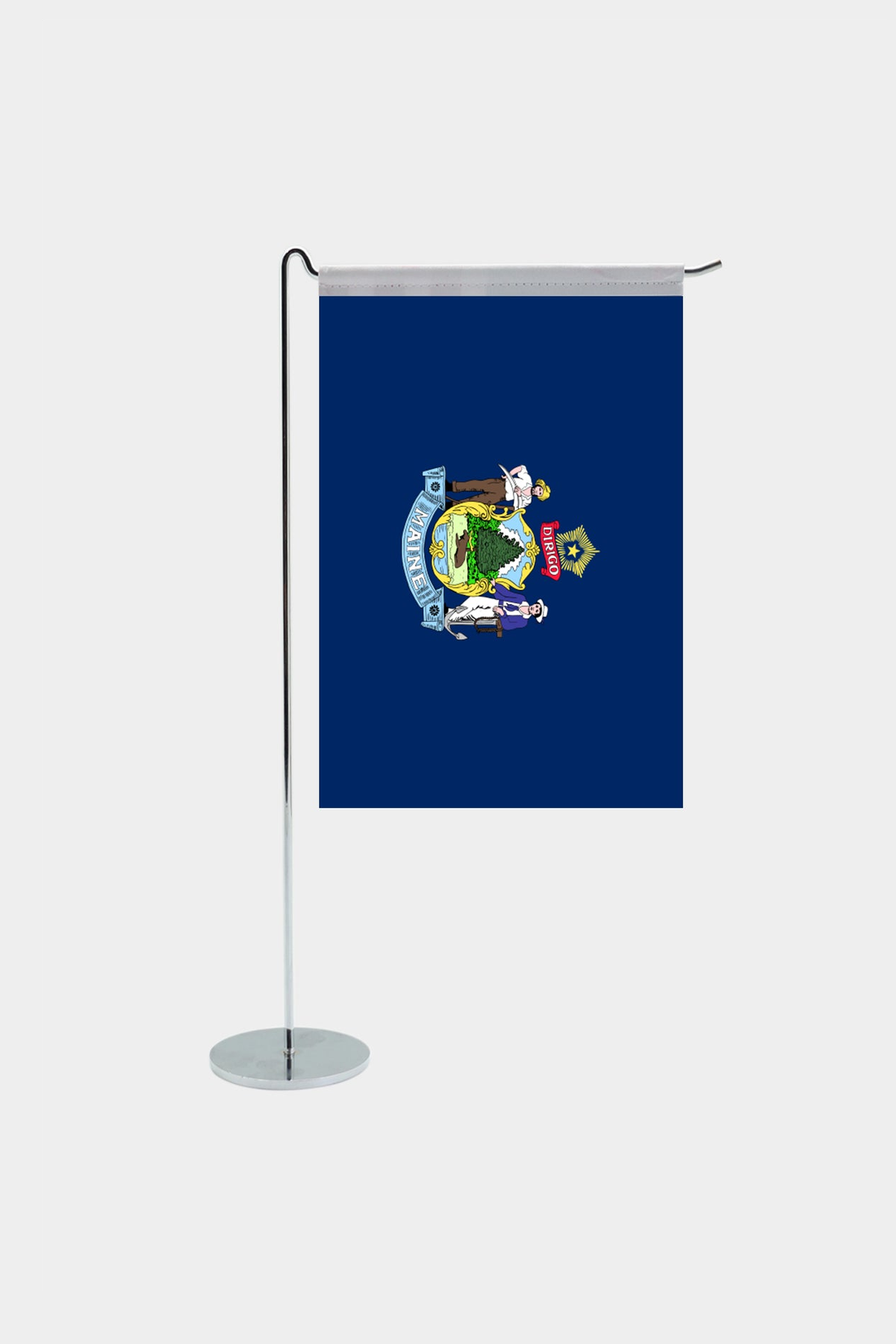 Maine state desk flag with chrome L-shaped stand - premium double-layer satin office flag