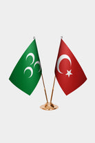 Three Crescents and Turkey desk flag set with gold pole and base