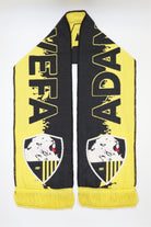 Custom woven sports club scarf example — WEFA ADA team crest in yellow and black