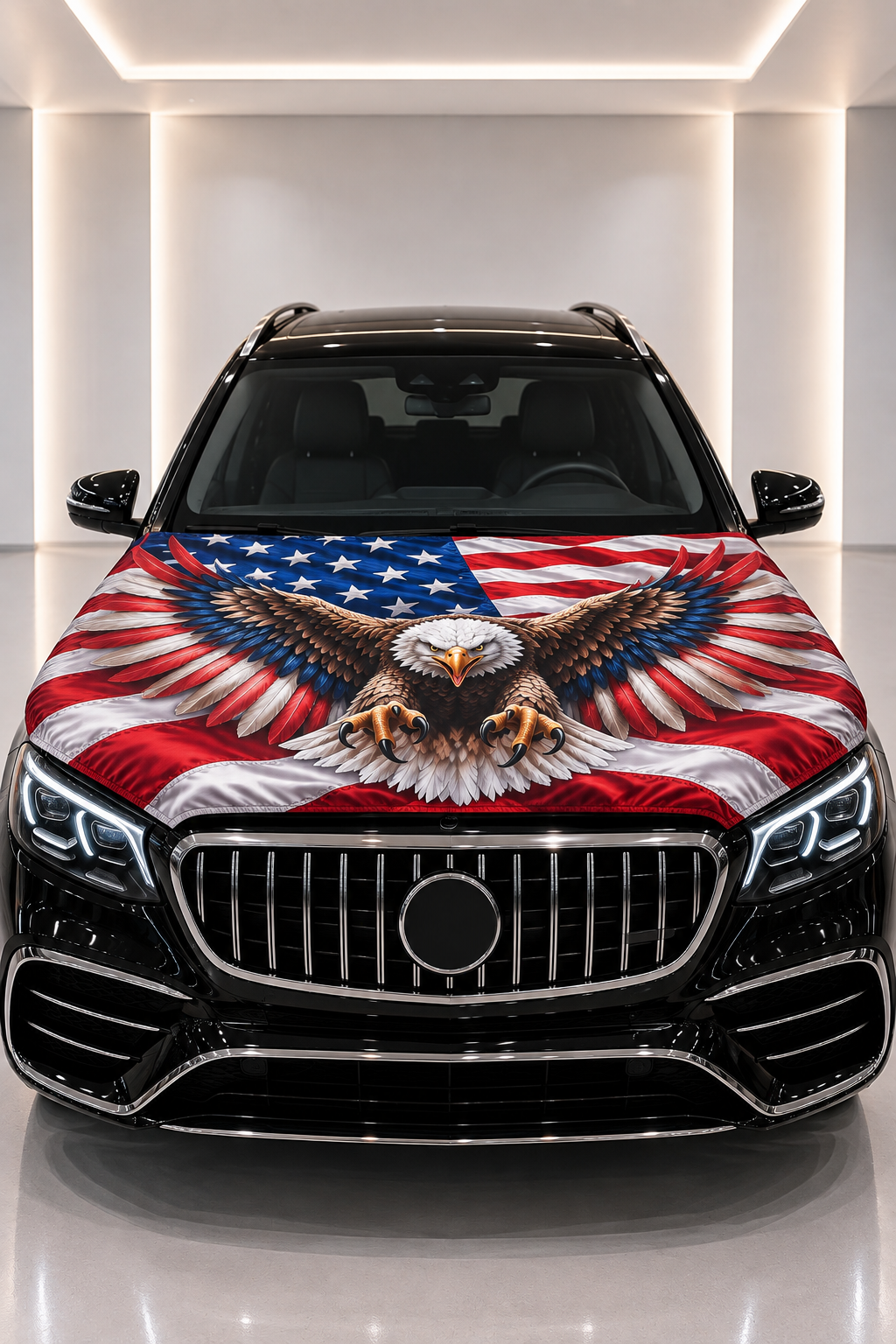 Bald Eagle & USA Flag Car Hood Cover — printed hood cover fitted on a black car