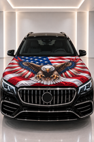 Bald Eagle & USA Flag Car Hood Cover — printed hood cover fitted on a black car